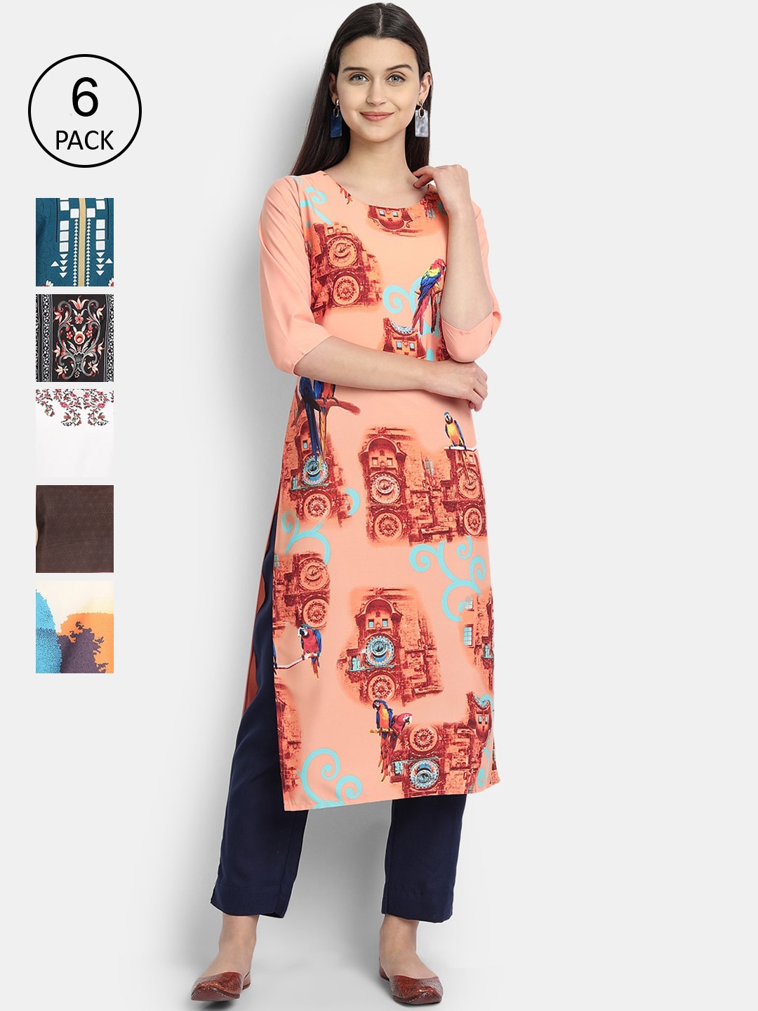 1 Stop Fashion Woman Pack of 6 Multicoloured Ethnic Motifs Printed Crepe Kurta, Multi
1 Stop Fashion Woman Pack of 6 Multicoloured Ethnic Motifs Printed Crepe Kurta, Multi