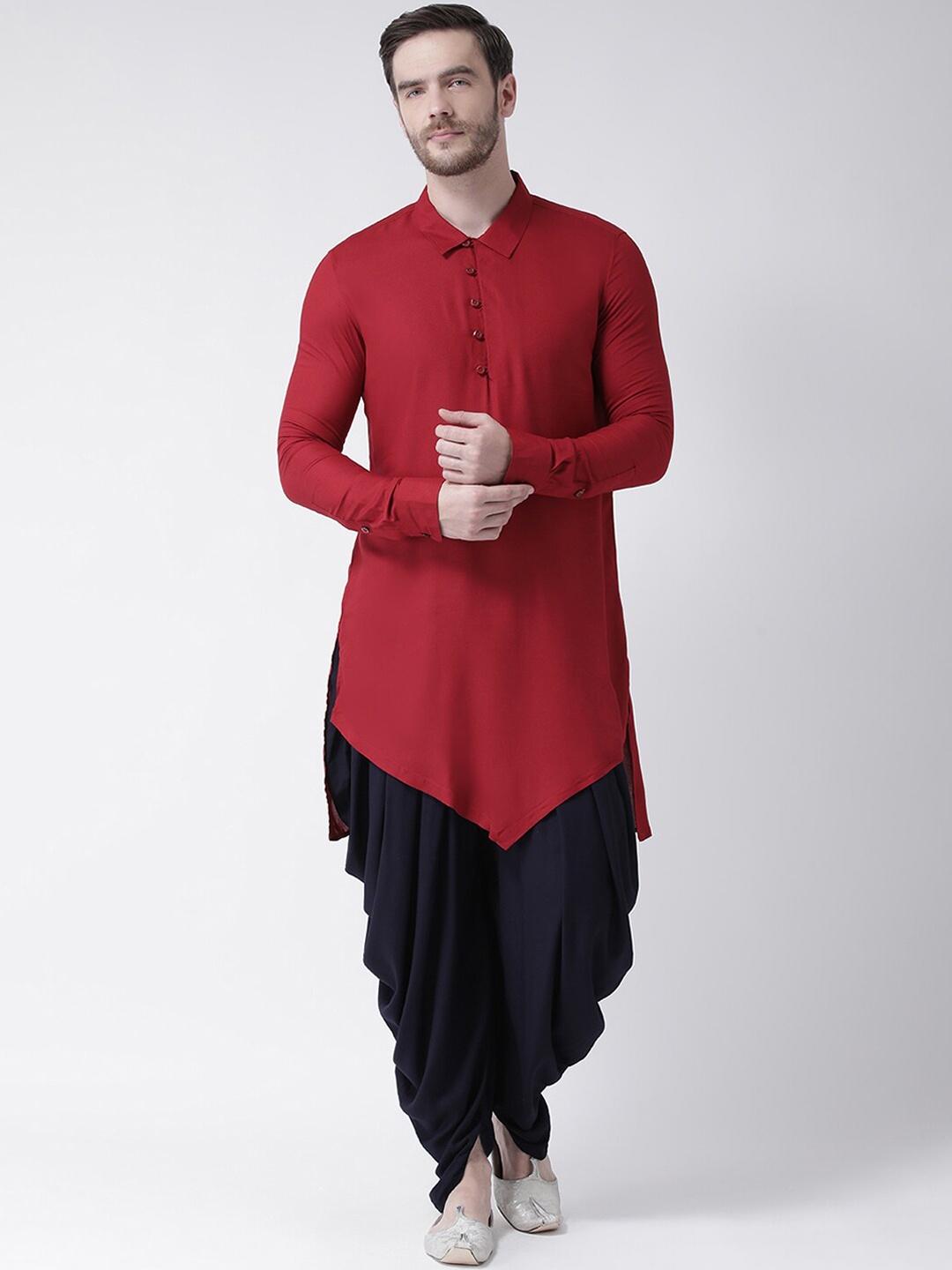 DEYANN Men Red Layered Kurta with Dhoti Pants