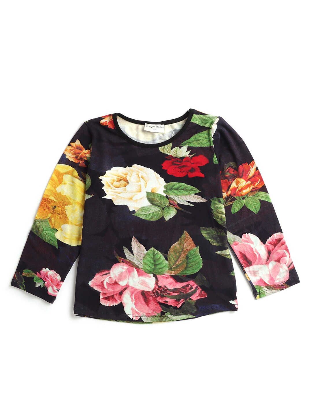 Hopscotch Girls Black Floral Printed T-shirt