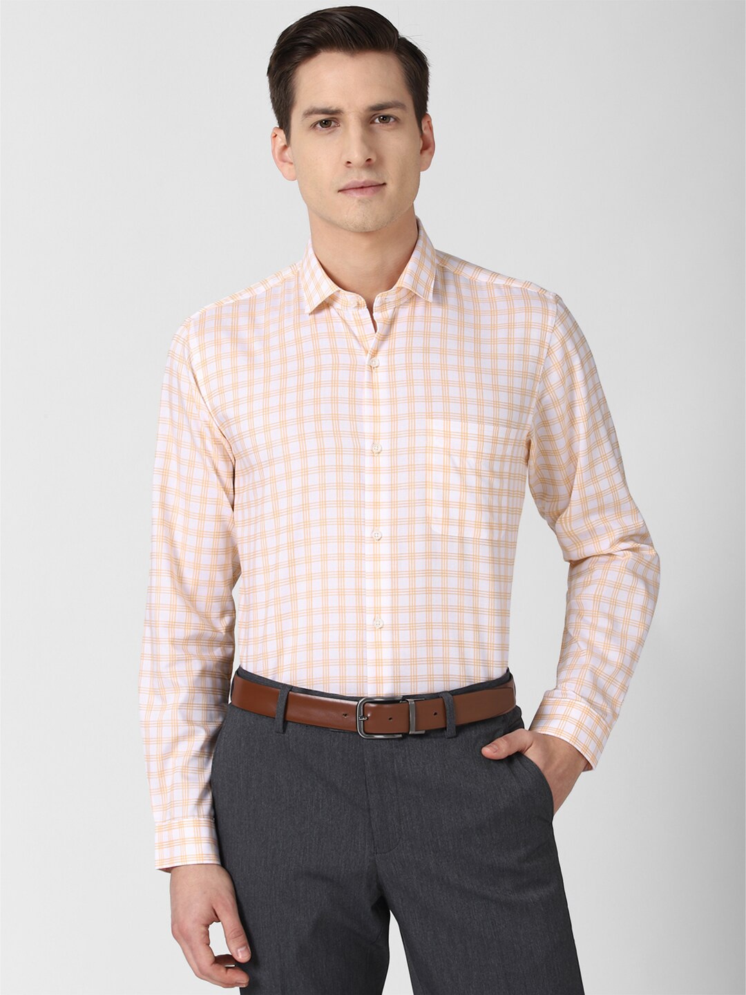 Peter England Men Orange Checked Formal Shirt