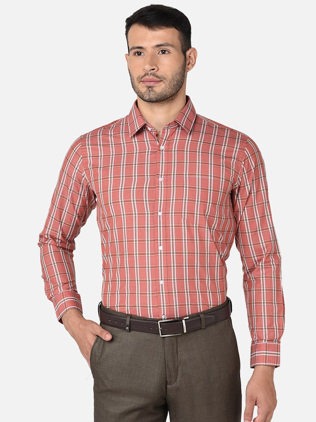 Oxemberg Men Coral Classic Slim Fit Tartan Checks Checked Formal Shirt