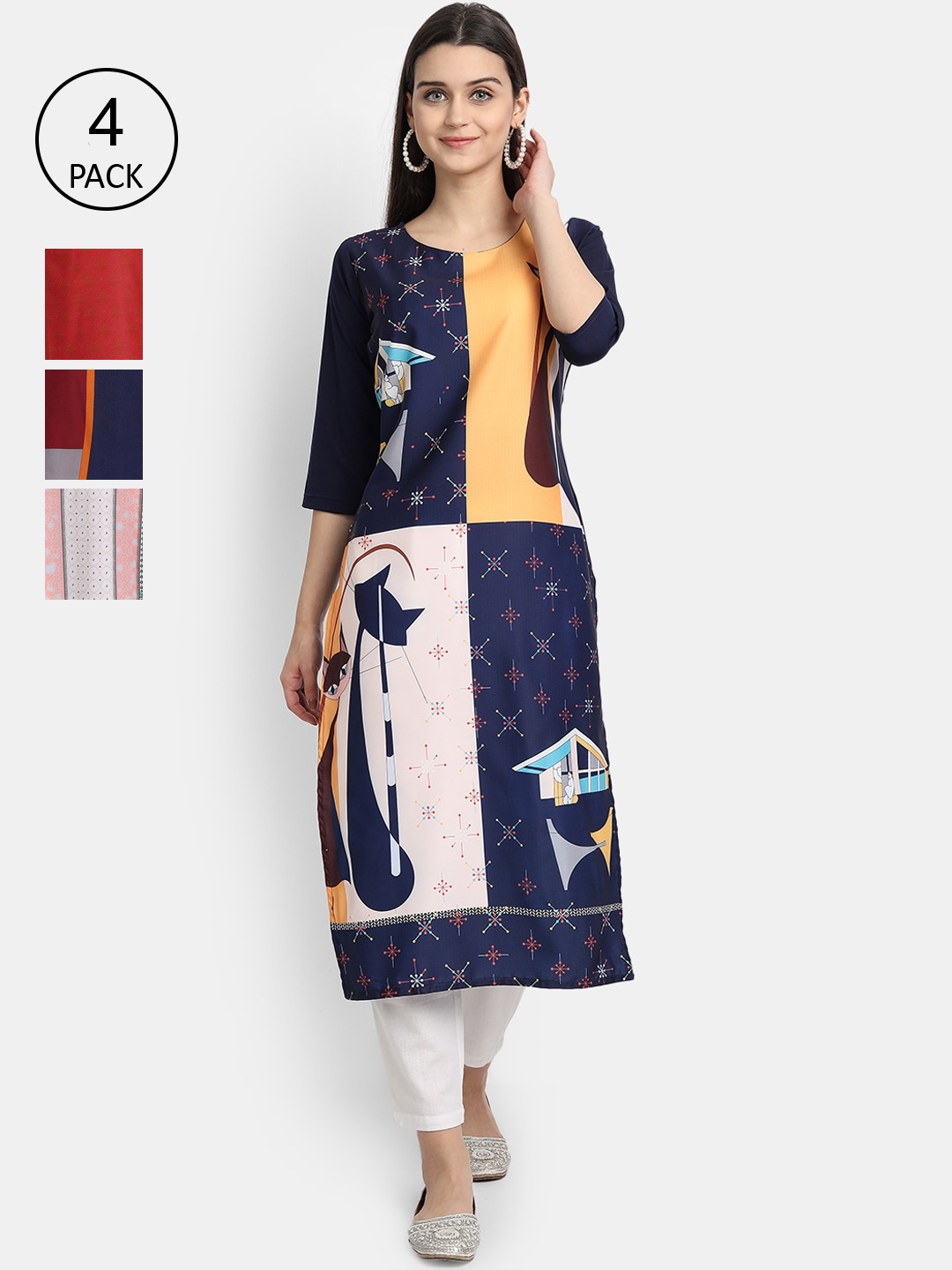 7Threads Women Pack Of 4 Kurtas, Blue