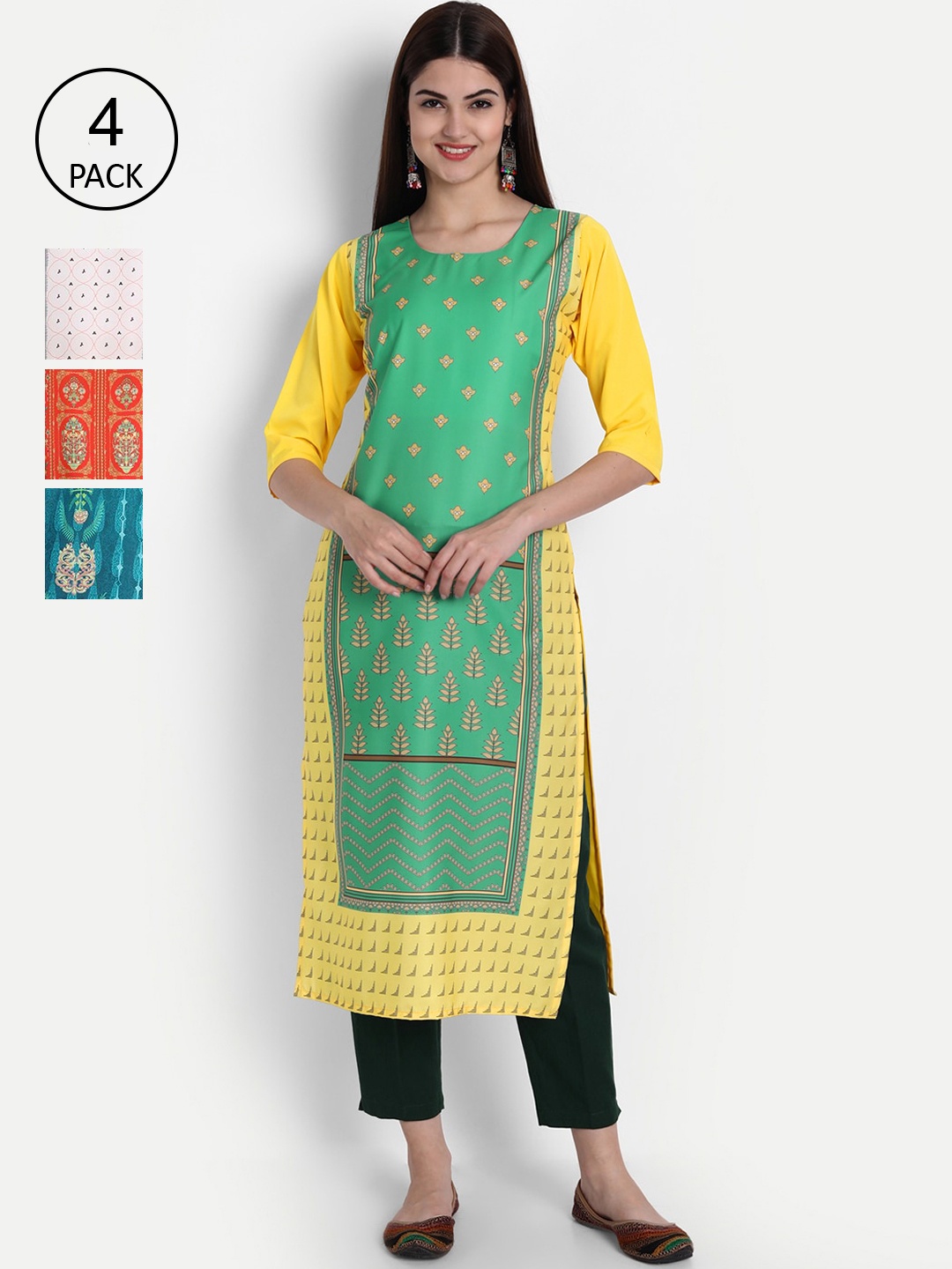 7Threads Women Pack Of 4 Digital Print Straight Crepe Kurta, Multi