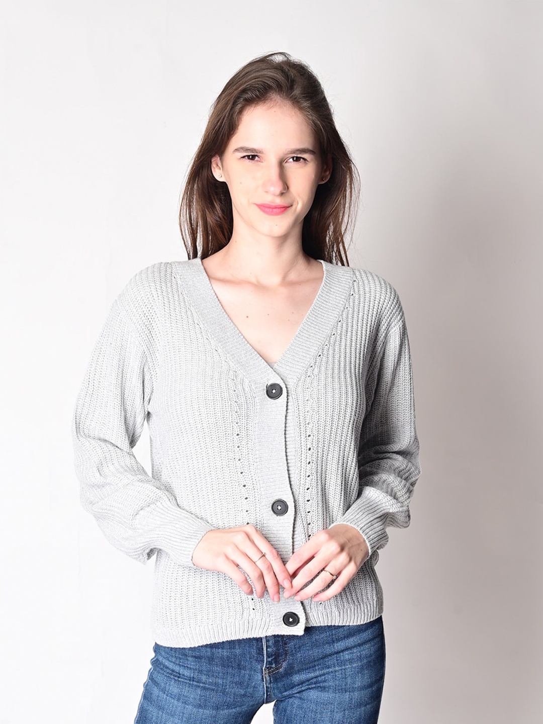 NoBarr Women Grey Ribbed Cardigan