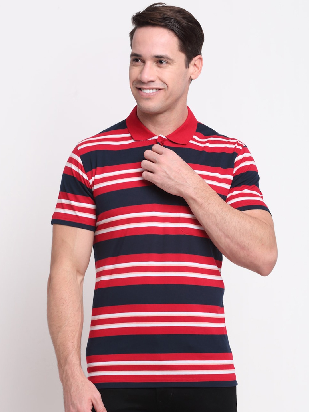 VENITIAN Men Red Striped Polo Collar T-shirt