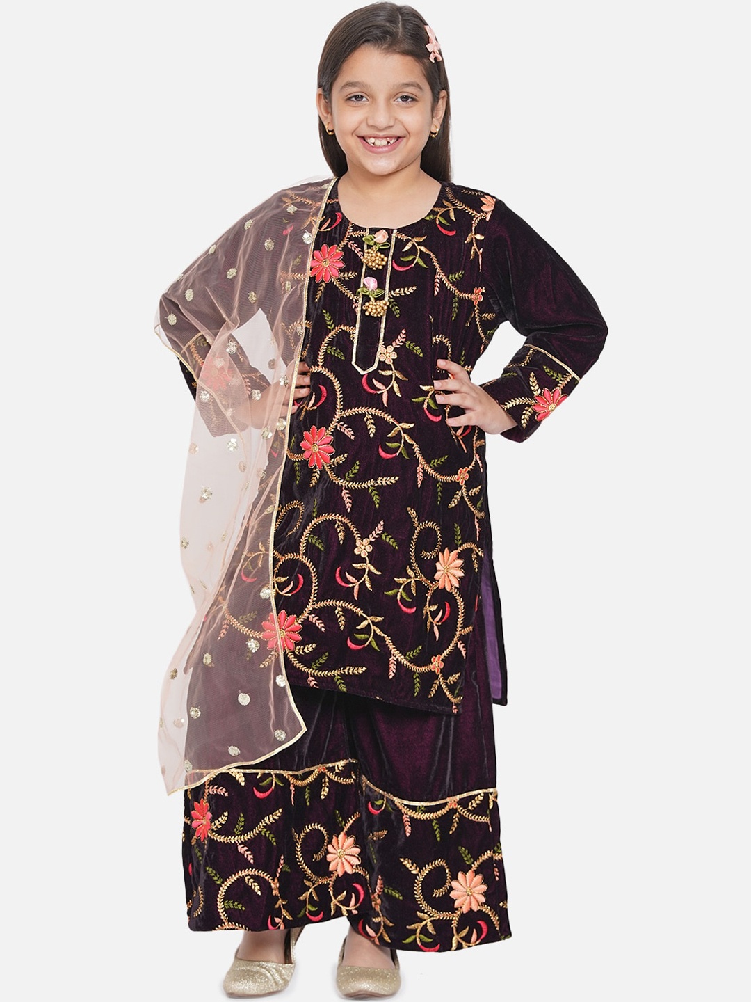 Little Bansi Girls Violet Floral Embroidered Velvet Kurti with Palazzos & With Dupatta
Little Bansi Girls Violet Floral Embroidered Velvet Kurti with Palazzos & With Dupatta