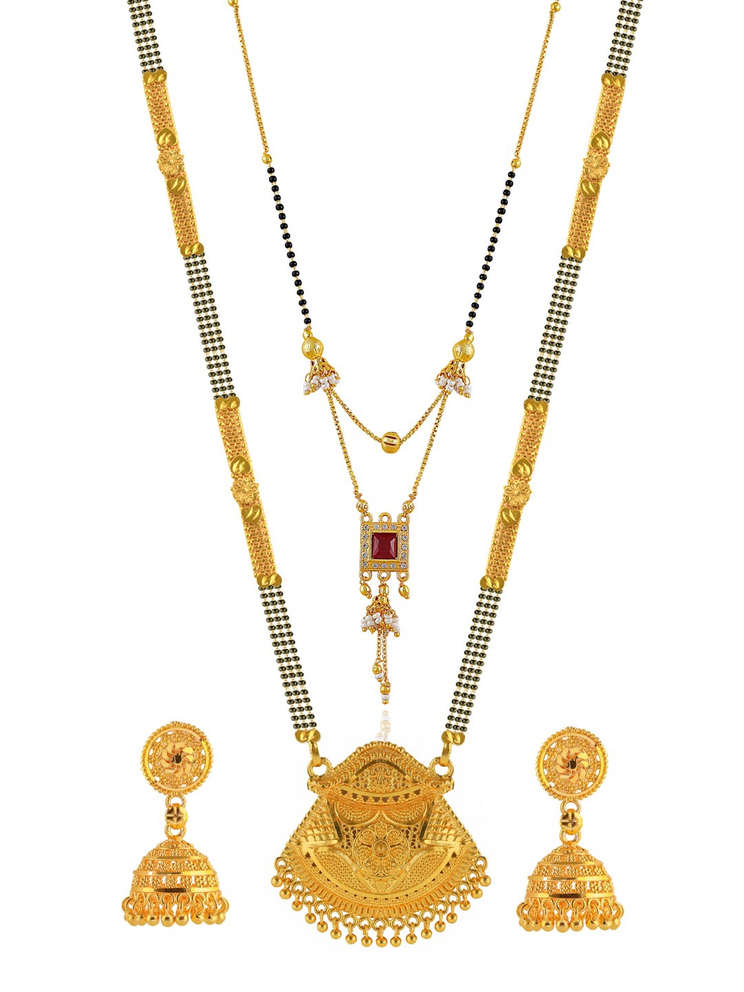Brandsoon Set Of 2 Gold-Plated White & Red Stone-Studded & Black Beaded Mangalsutra With Earrings
Brandsoon Set Of 2 Gold-Plated White & Red Stone-Studded & Black Beaded Mangalsutra With Earrings