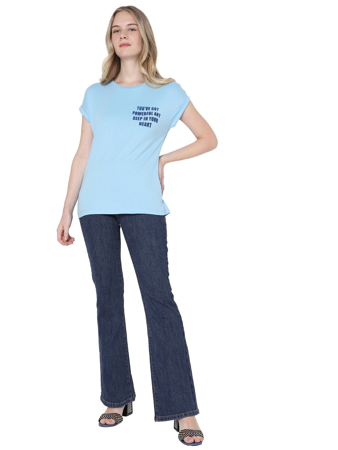 Vero Moda Women Blue Typography Extended Sleeves T-shirt