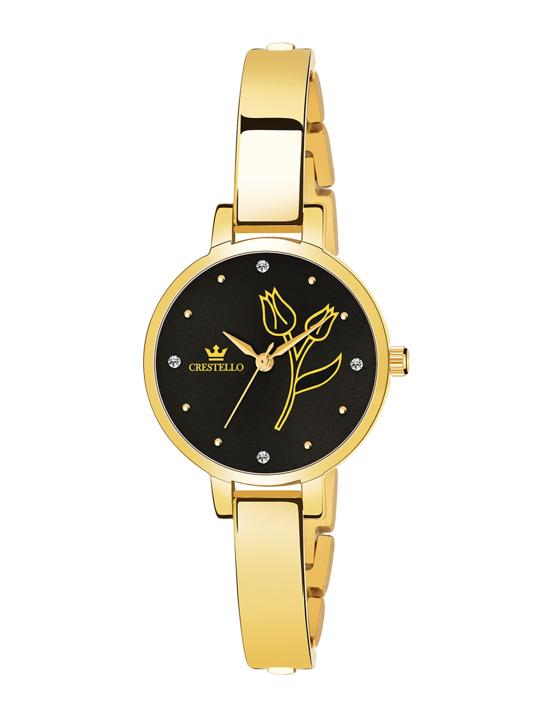 CRESTELLO Women Black Brass Embellished Dial & Gold Toned Bracelet Style Straps Analogue Watch
CRESTELLO Women Black Brass Embellished Dial & Gold Toned Bracelet Style Straps Analogue Watch