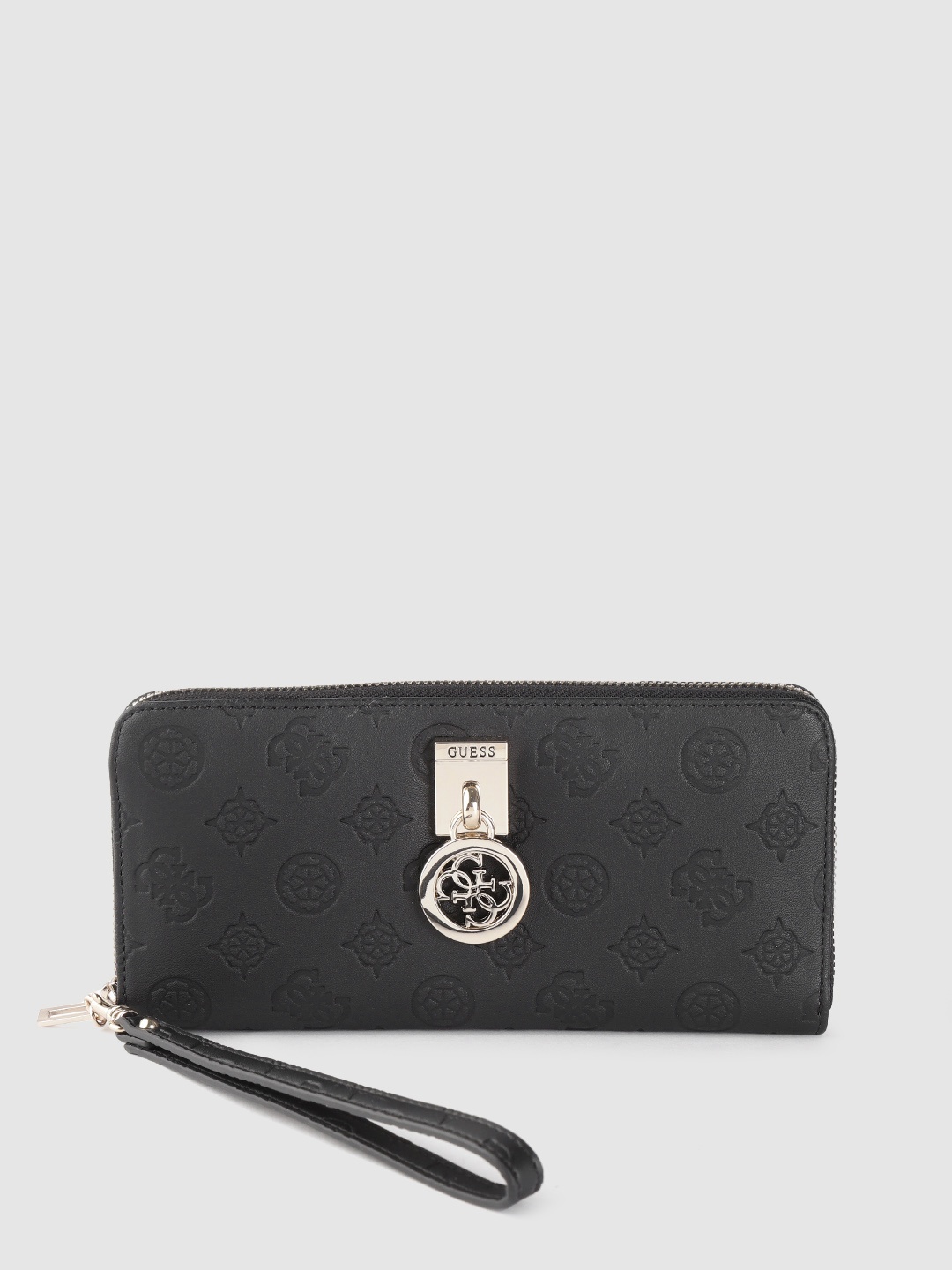 GUESS Women Black Brand Logo Textured Zip Around Wallet