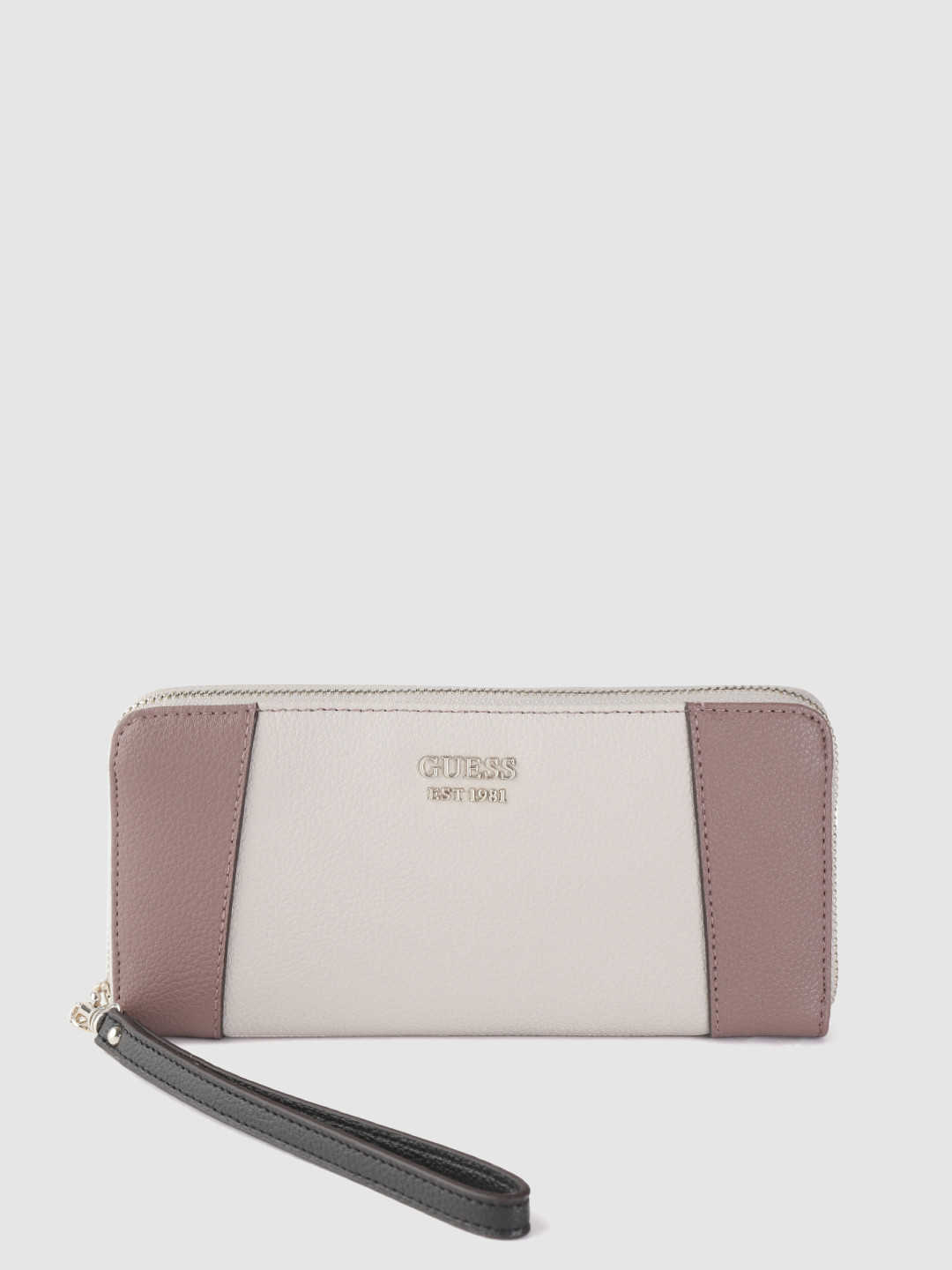 GUESS Women Off White & Brown Colourblocked Zip Around Wallet with Wrist Loop
GUESS Women Off White & Brown Colourblocked Zip Around Wallet with Wrist Loop