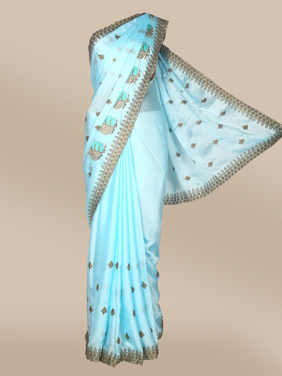 The Chennai Silks Blue & Gold-Toned Floral Beads and Stones Saree
The Chennai Silks Blue & Gold-Toned Floral Beads and Stones Saree