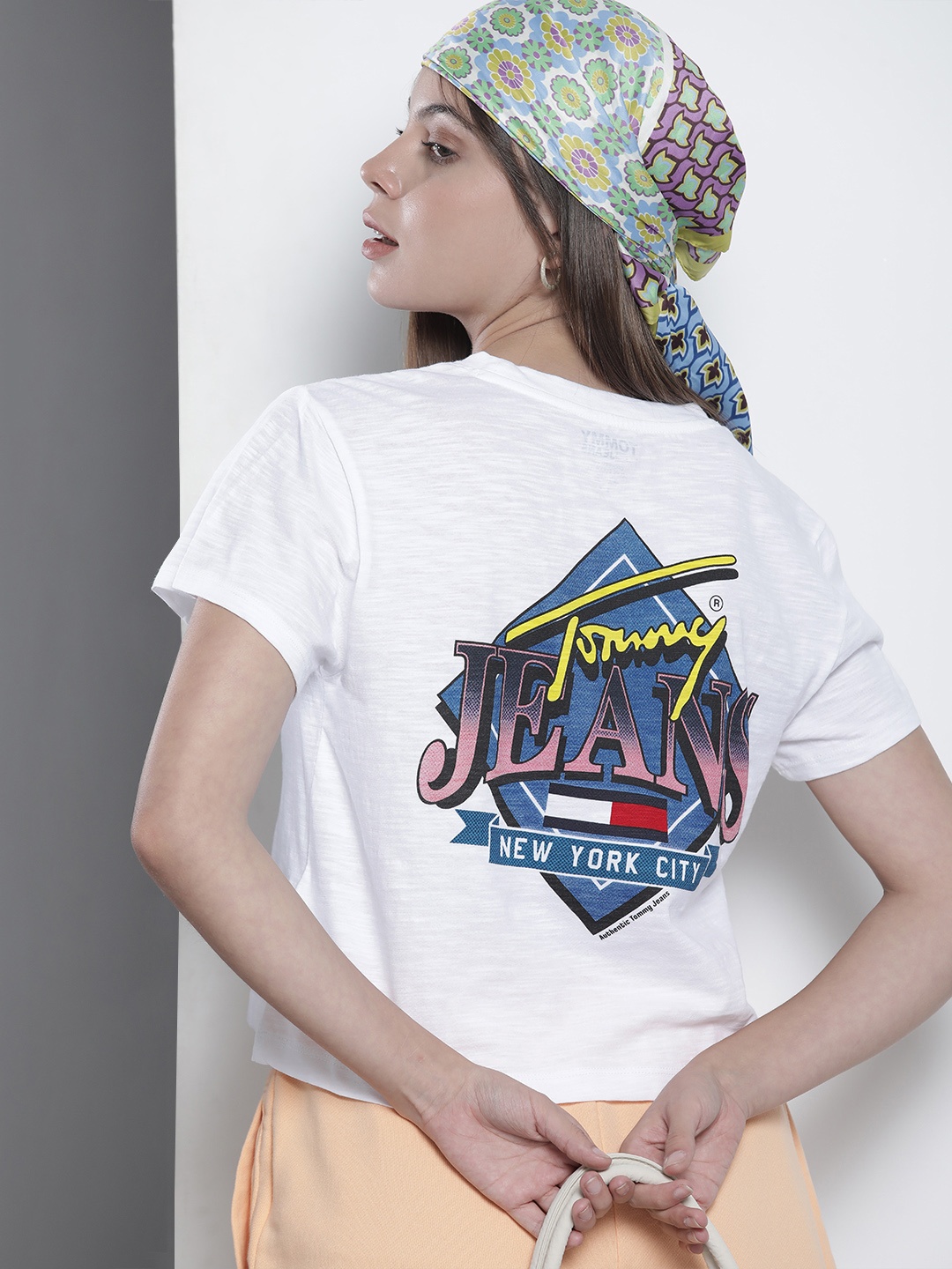 Tommy Hilfiger Women White & Blue Brand Logo Printed Pure Cotton T-shirt