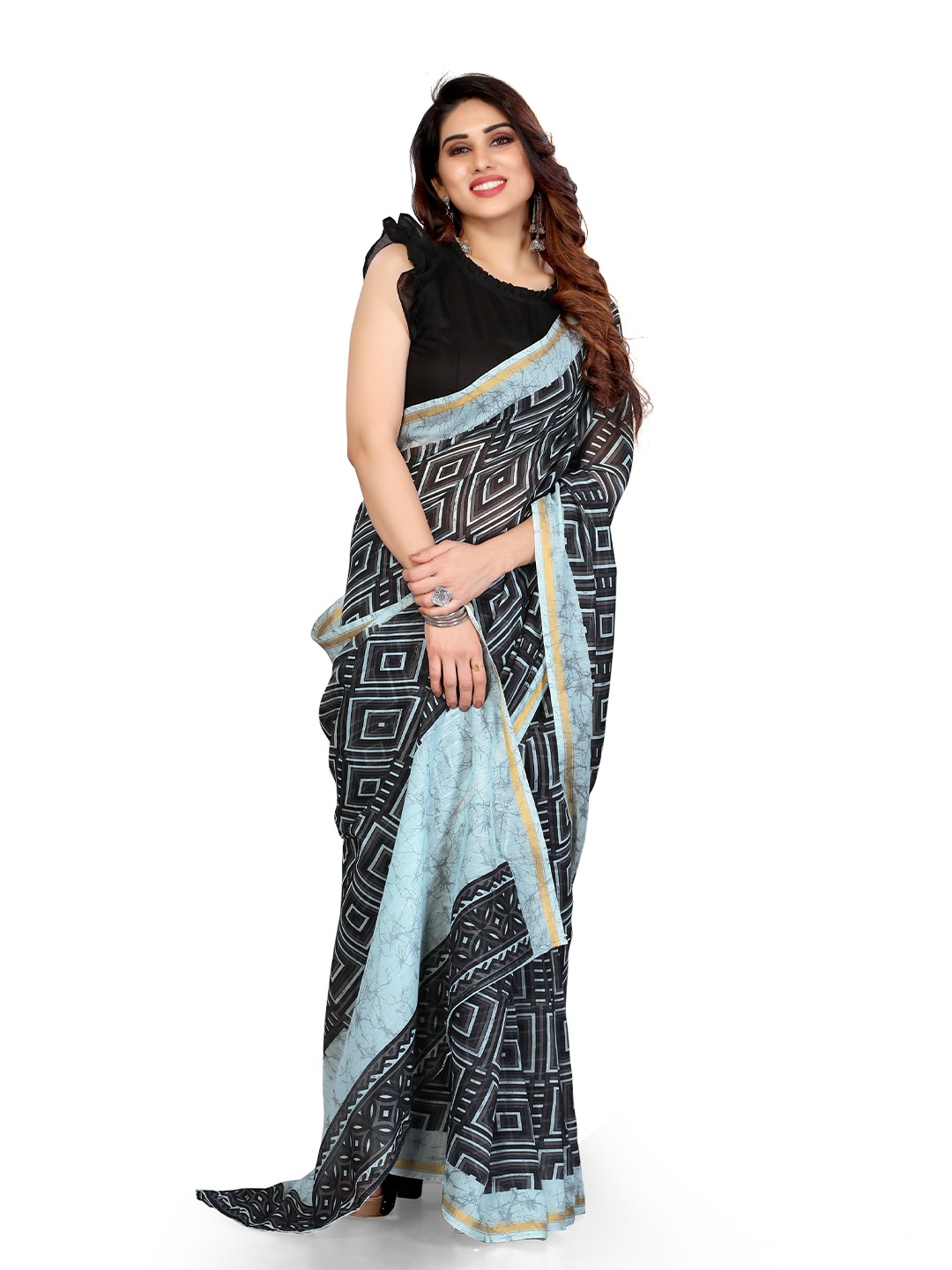 KALINI Blue & Black Printed Zari Saree