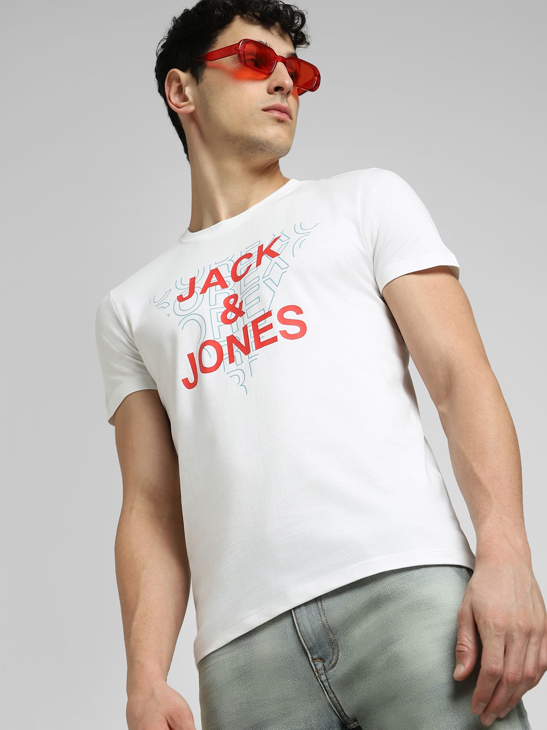 Jack & Jones Men White & Orange Brand Logo Printed Pure Cotton Slim Fit T-shirt