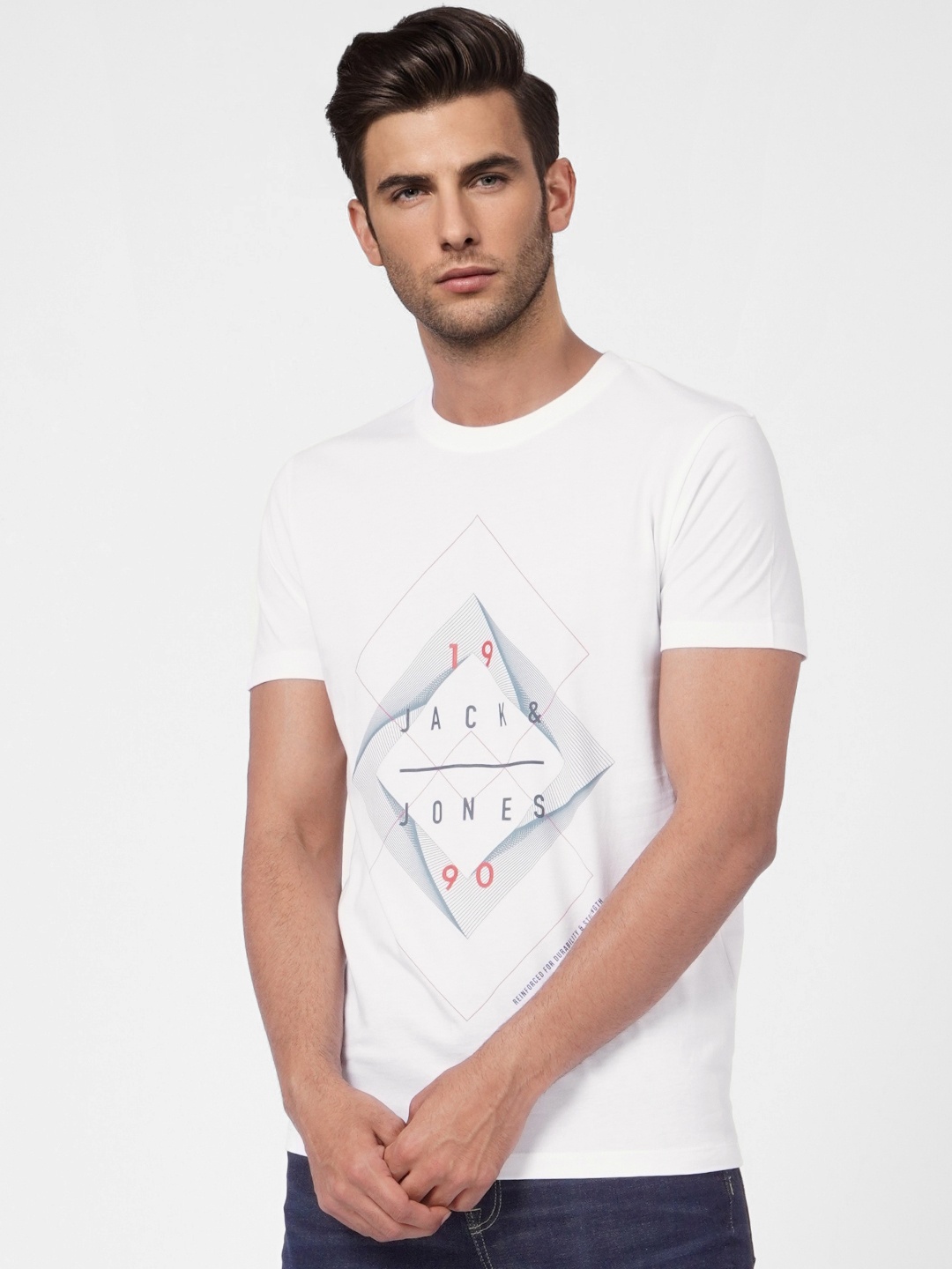 Jack & Jones Men White Brand Logo Printed Pure Cotton T-shirt