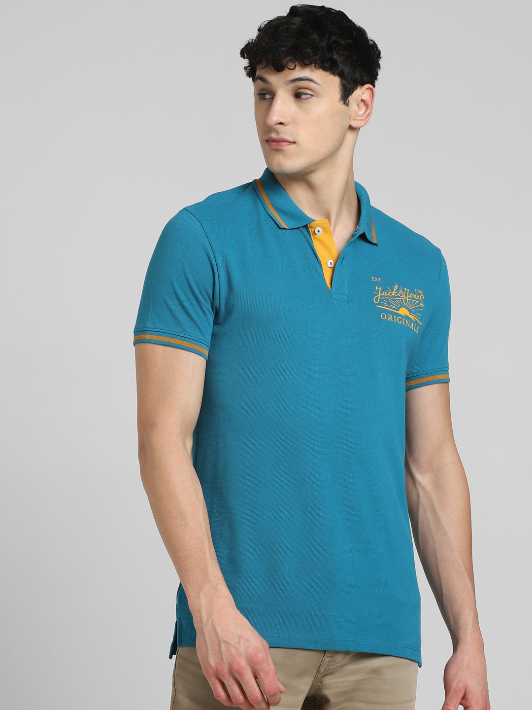Jack & Jones Men Teal Blue Brand Logo Printed Pure Cotton Slim Fit T-shirt