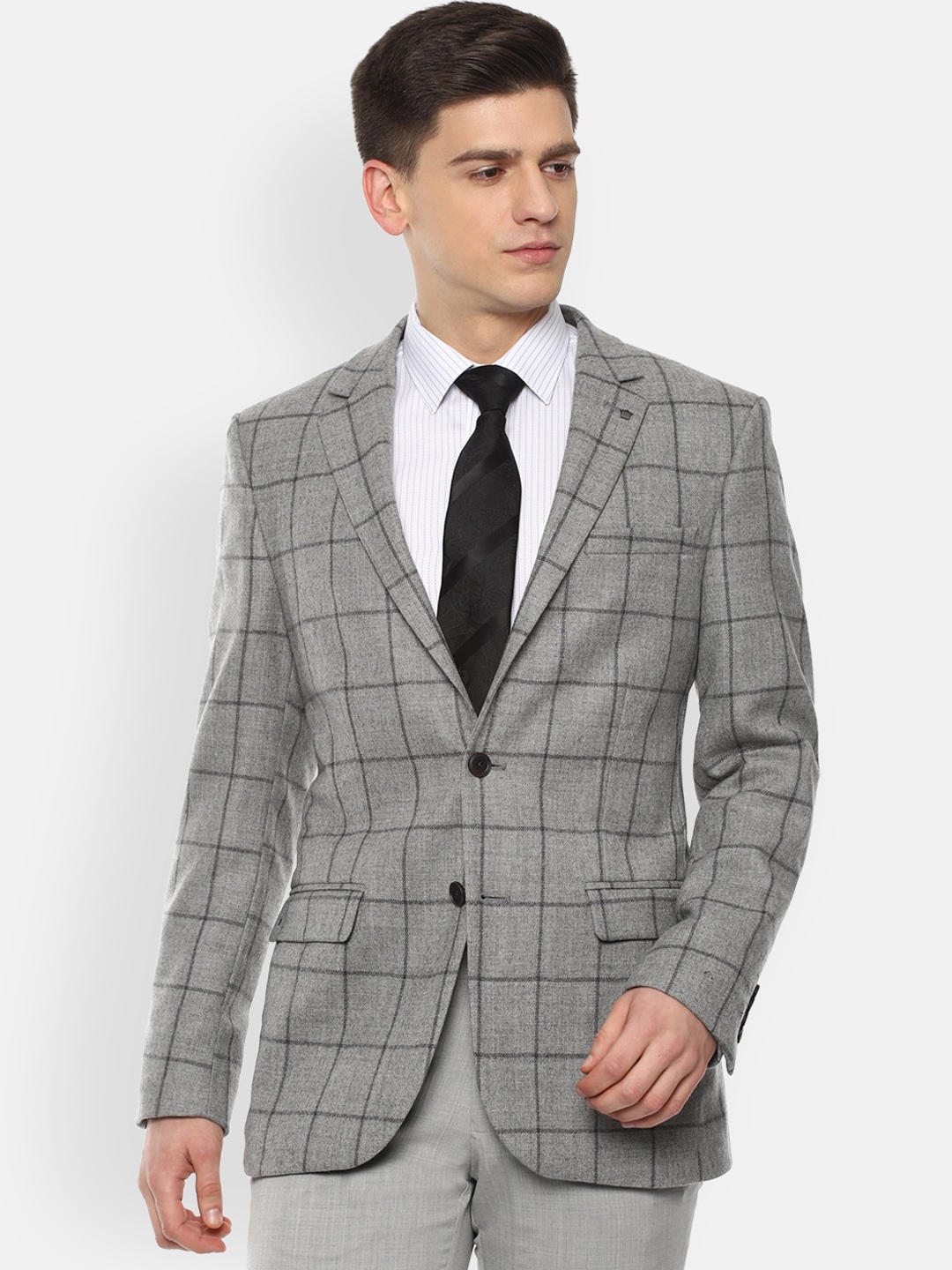 Louis Philippe Men Grey & Black Checked Single-Breasted Woolen Formal Blazer
Louis Philippe Men Grey & Black Checked Single-Breasted Woolen Formal Blazer
