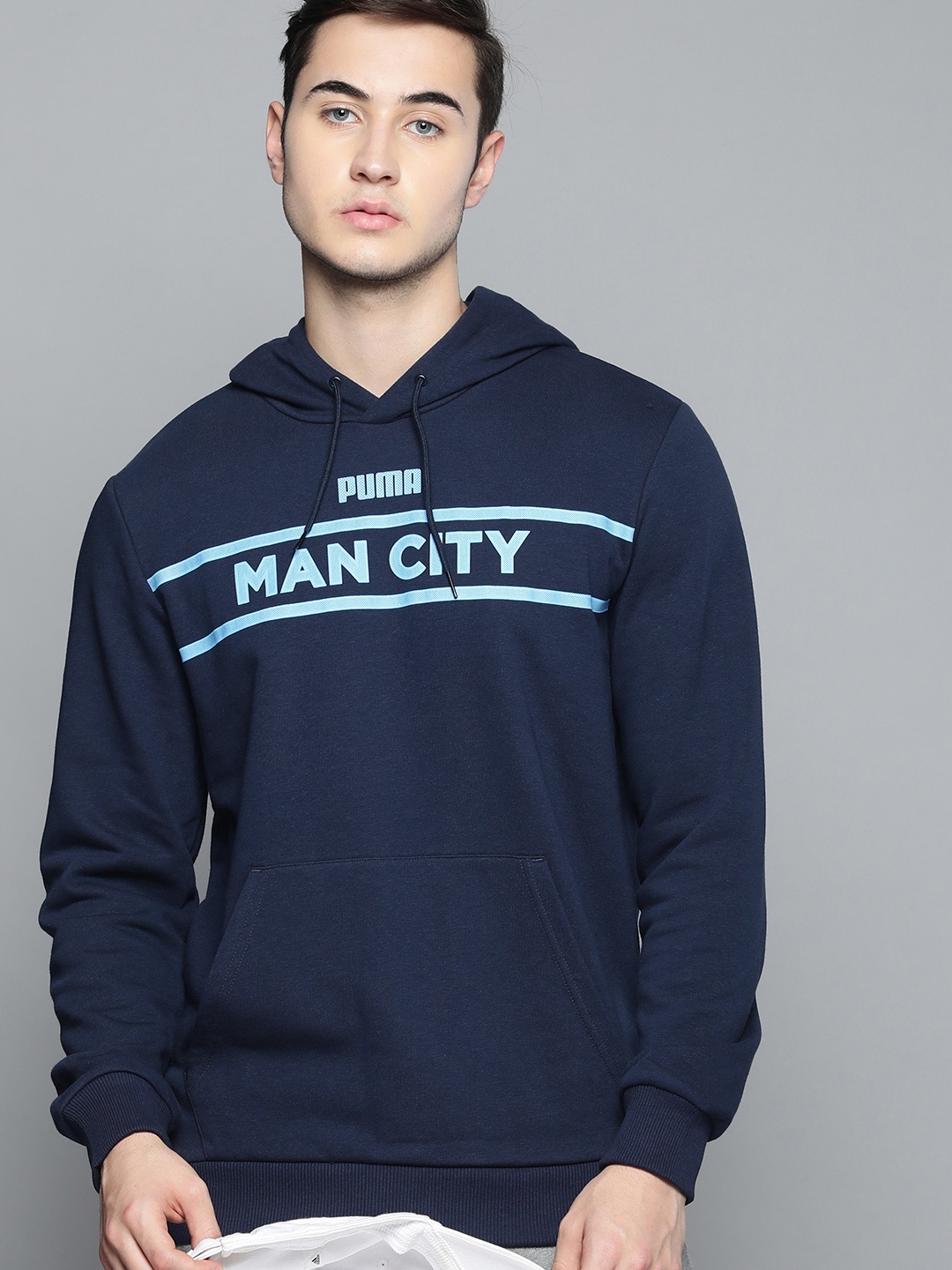 Puma Men Blue Typographic Printed MCFC Hooded Football Sweatshirt