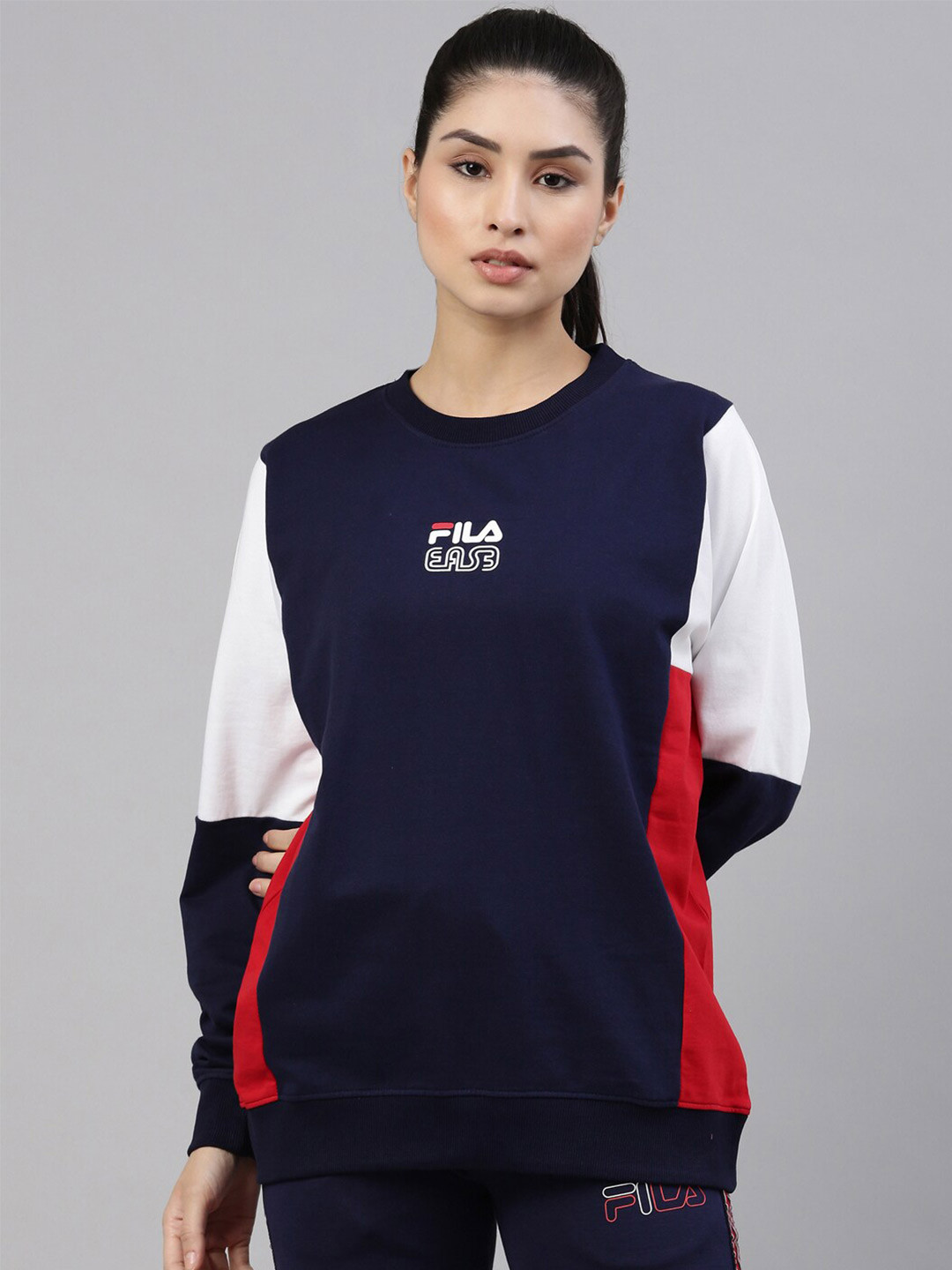 FILA Women Blue & Red Colourblocked Cotton Sweatshirt 
FILA Women Blue & Red Colourblocked Cotton Sweatshirt
