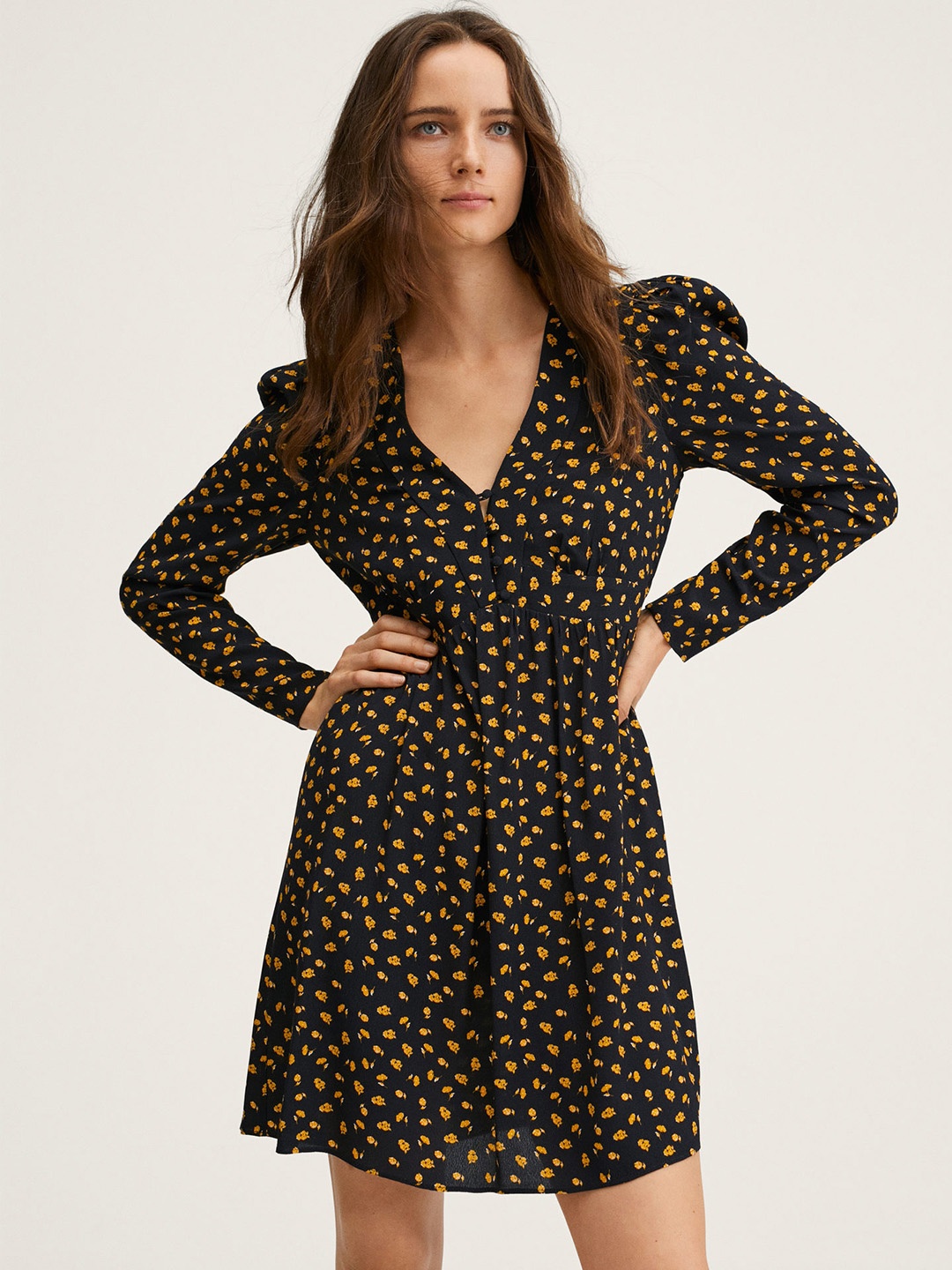 MANGO Women Black & Orange Floral Printed A-Line Dress