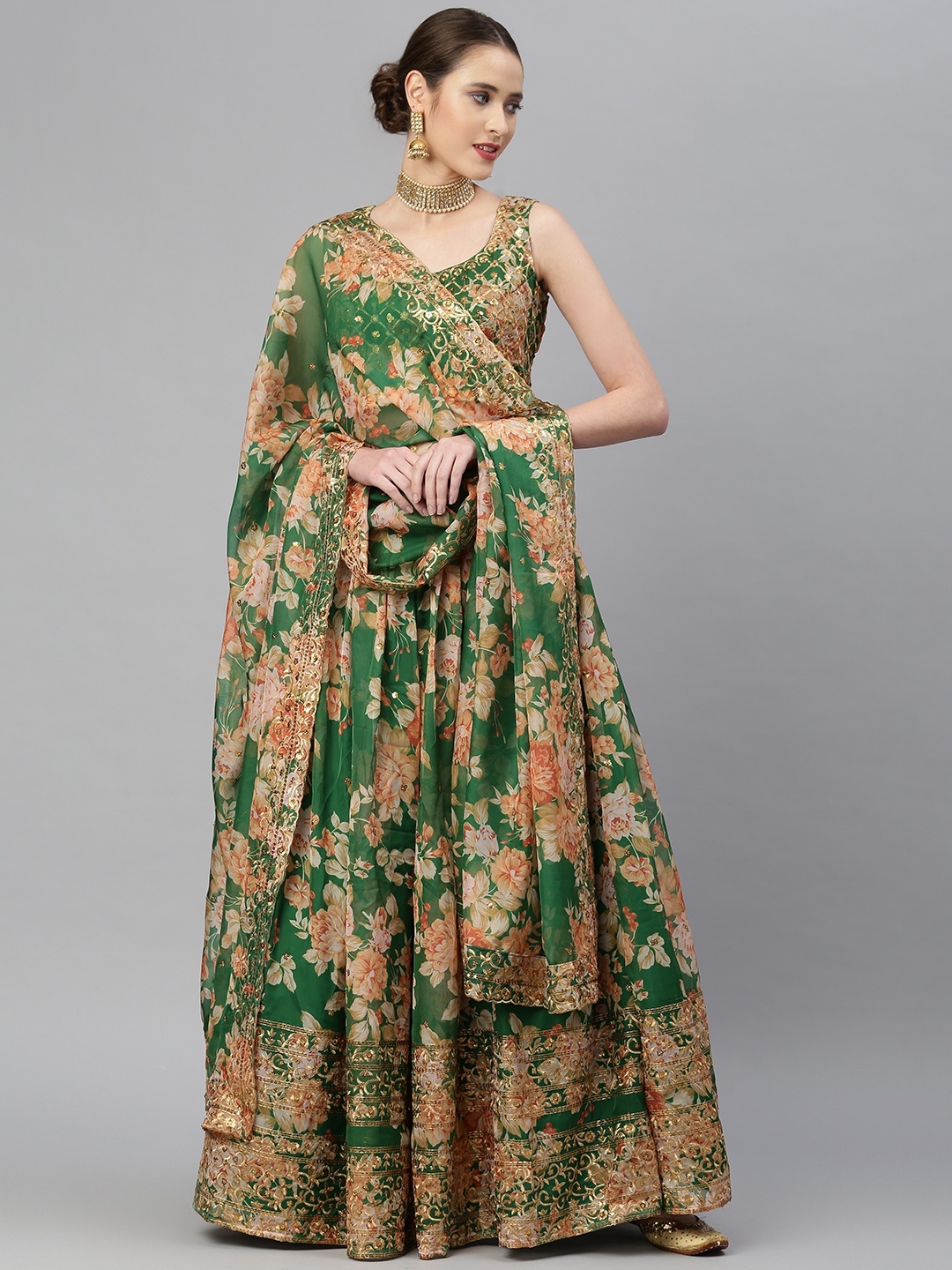 Readiprint Fashions Green & Peach-Coloured Embellished Sequinned Semi-Stitched Lehenga & Unstitched Blouse
Readiprint Fashions Green & Peach-Coloured Embellished Sequinned Semi-Stitched Lehenga & Unstitched Blouse