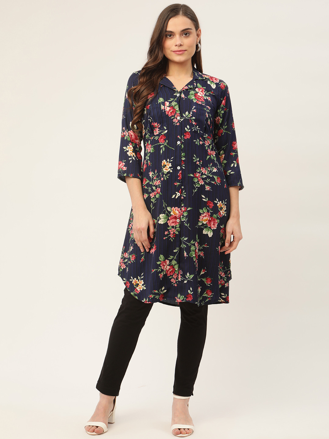 Jompers Women Navy Blue & Pink Floral Printed Kurta
Jompers Women Navy Blue & Pink Floral Printed Kurta