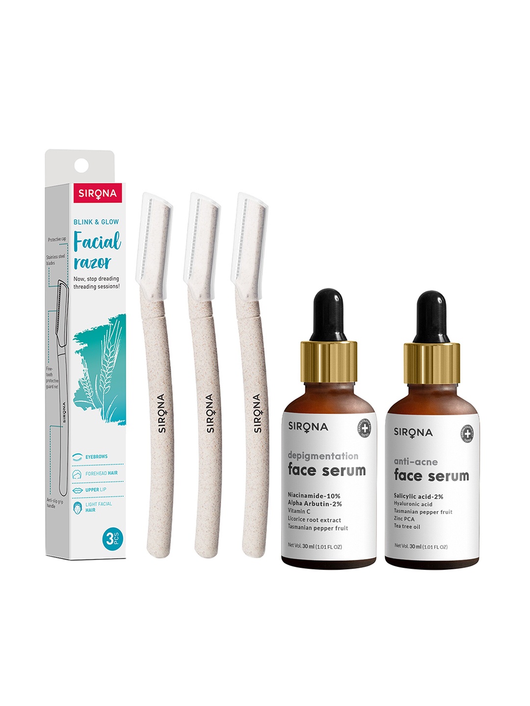Sirona Anti Acne Face Serum+ Depigmentation Serum & Pack of 3 Face Razor Combos, Multi
Sirona Anti Acne Face Serum+ Depigmentation Serum & Pack of 3 Face Razor Combos, Multi