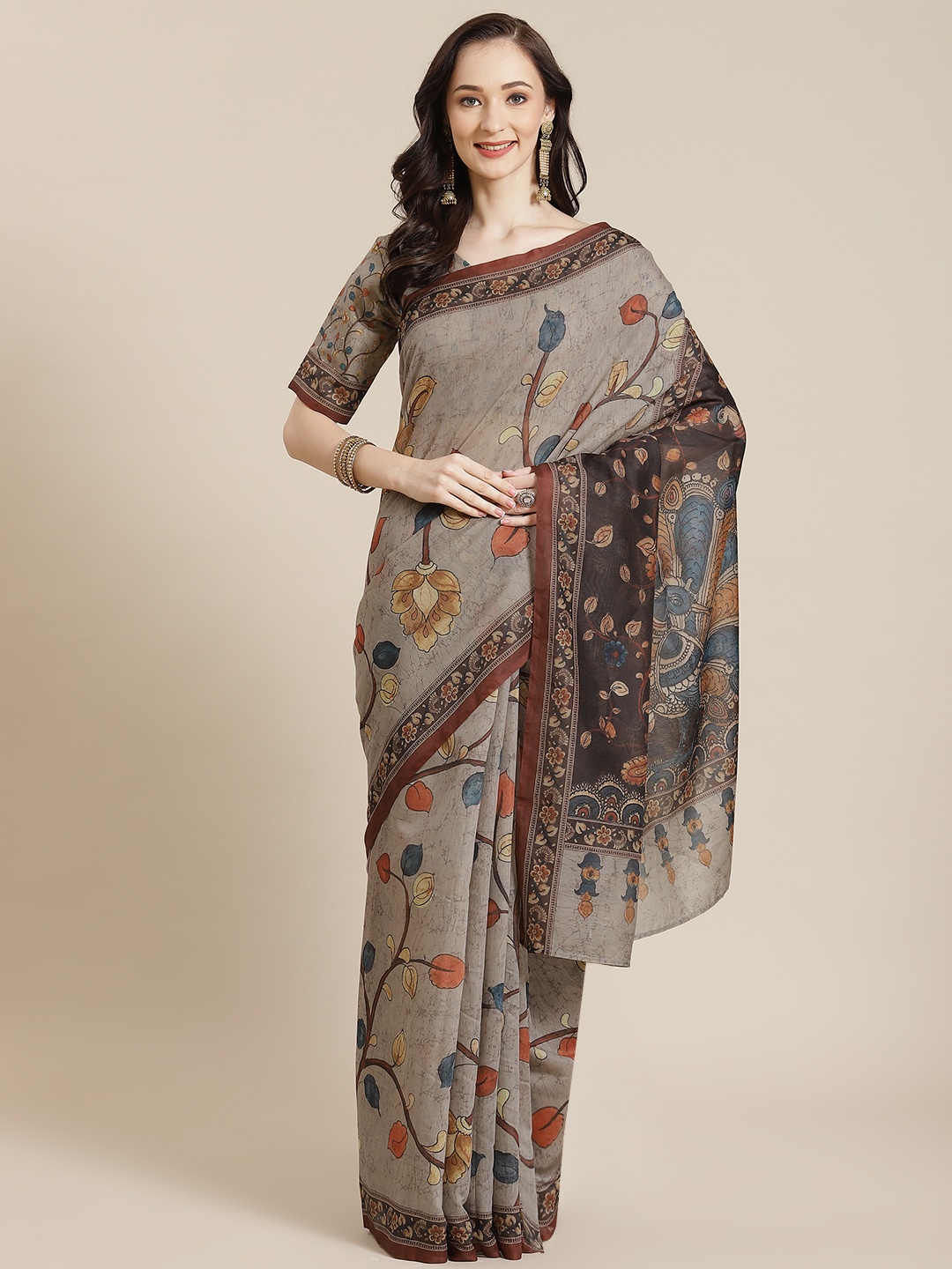Mitera Grey & Blue Floral Saree