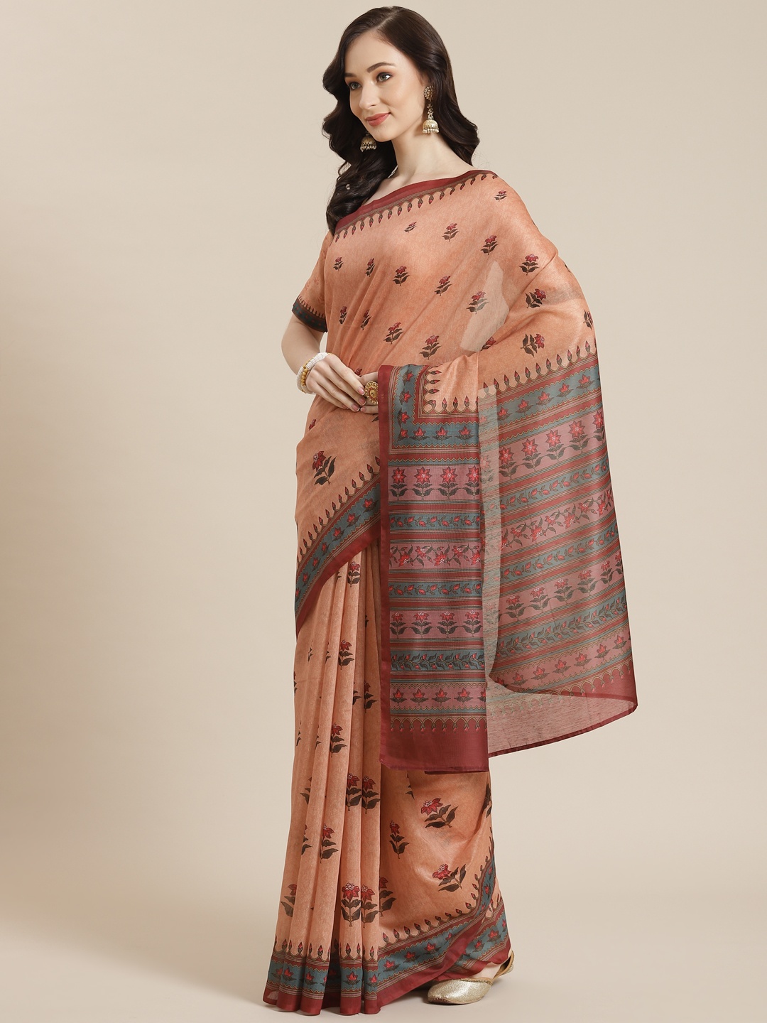 Mitera Women Orange & Red Floral Saree