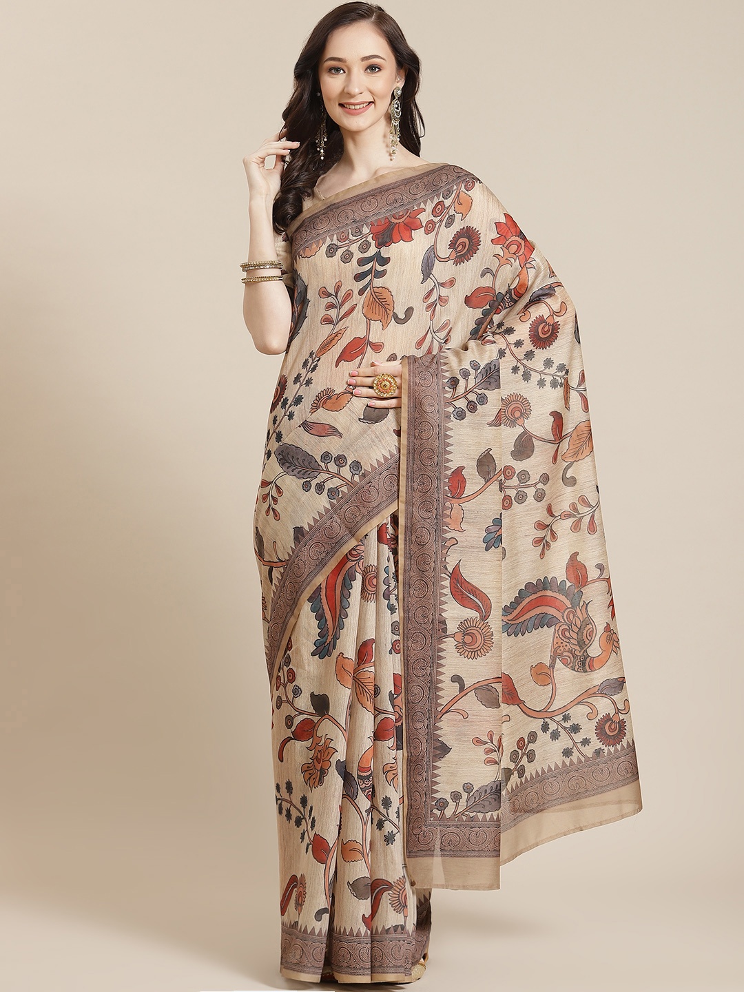 Mitera Women Beige & Orange Floral Saree