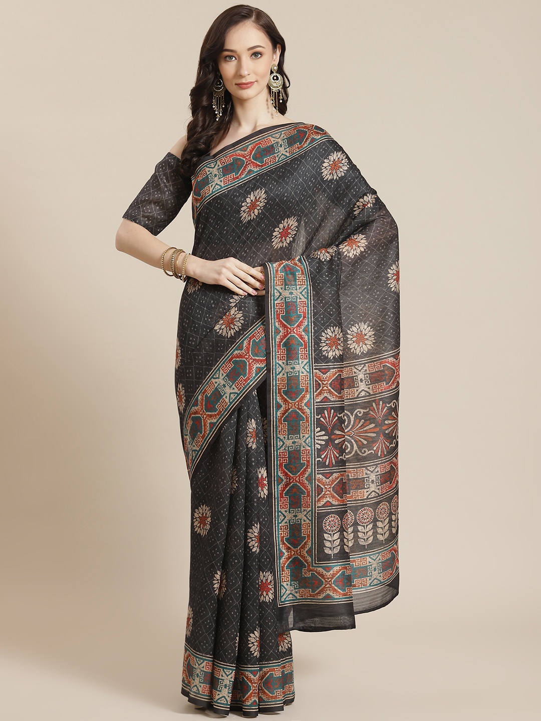 Mitera Women Black & Beige Floral Saree