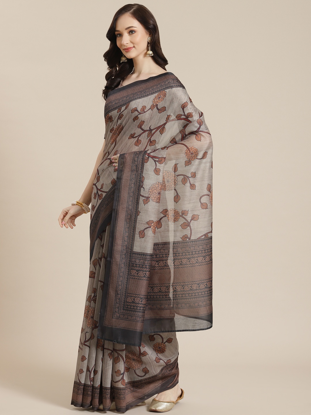 Mitera Women Beige & Orange Ethnic Motifs Saree