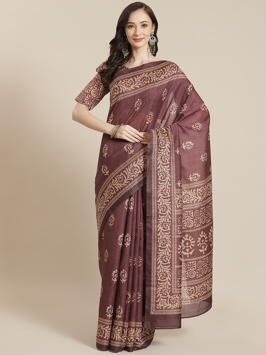 Mitera Women Burgundy & Beige Ethnic Motifs Saree