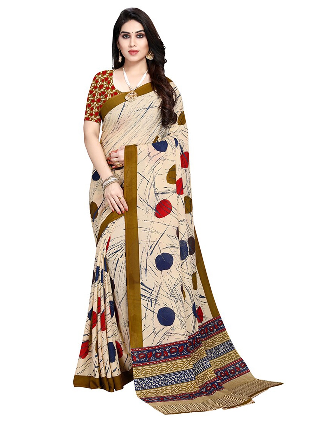 Nimayaa Beige & Red Printed Crepe Saree