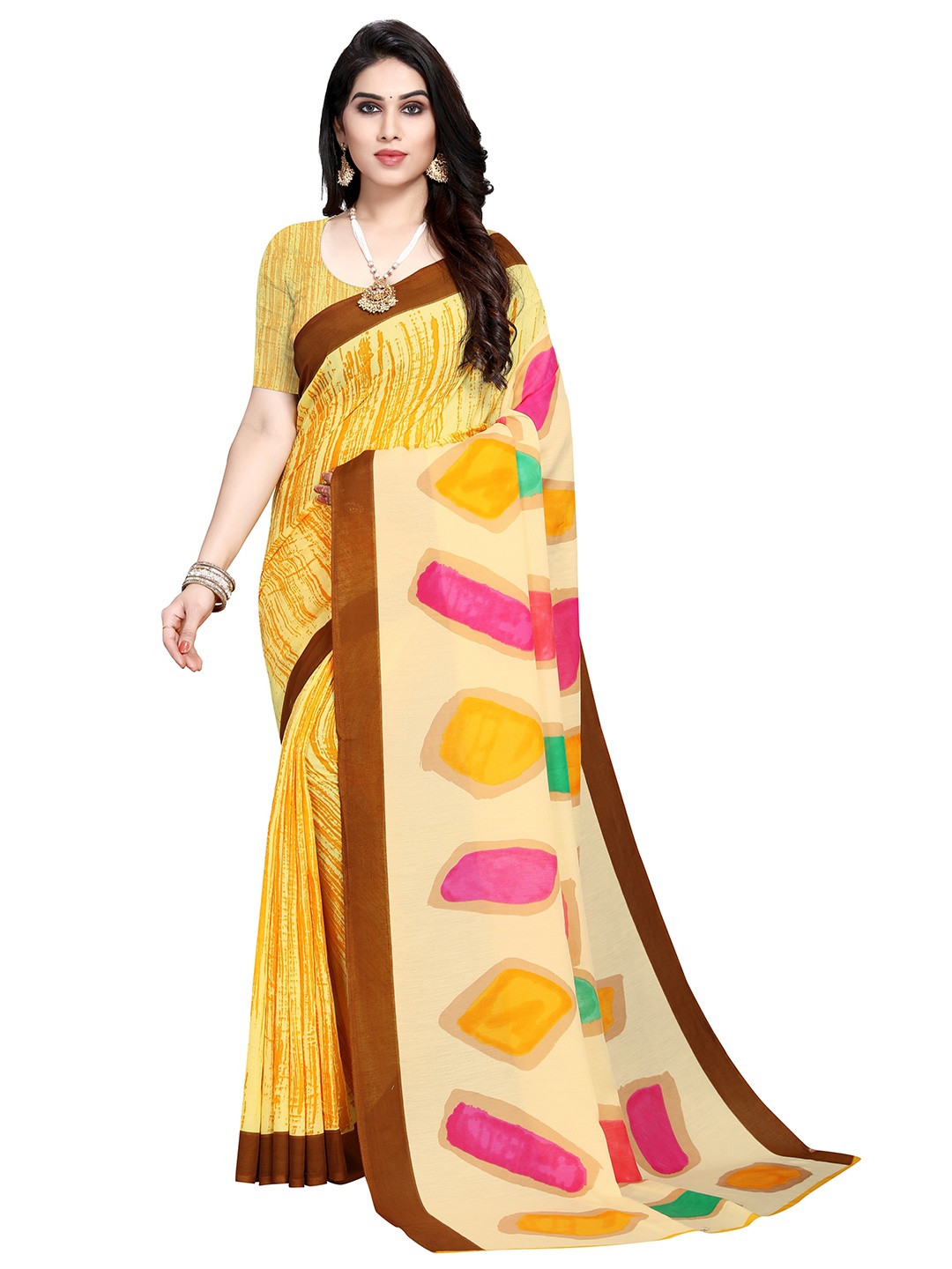 Nimayaa Yellow & Brown Abstract Printed Saree