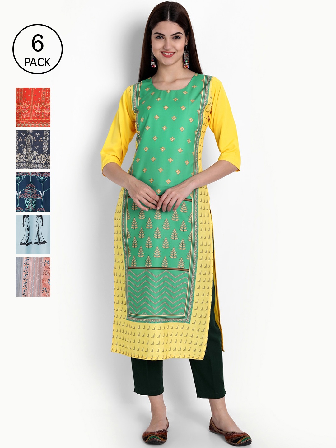 Ethnic basket Women Multicoloured Set of 6 Printed Crepe Kurta, Multi