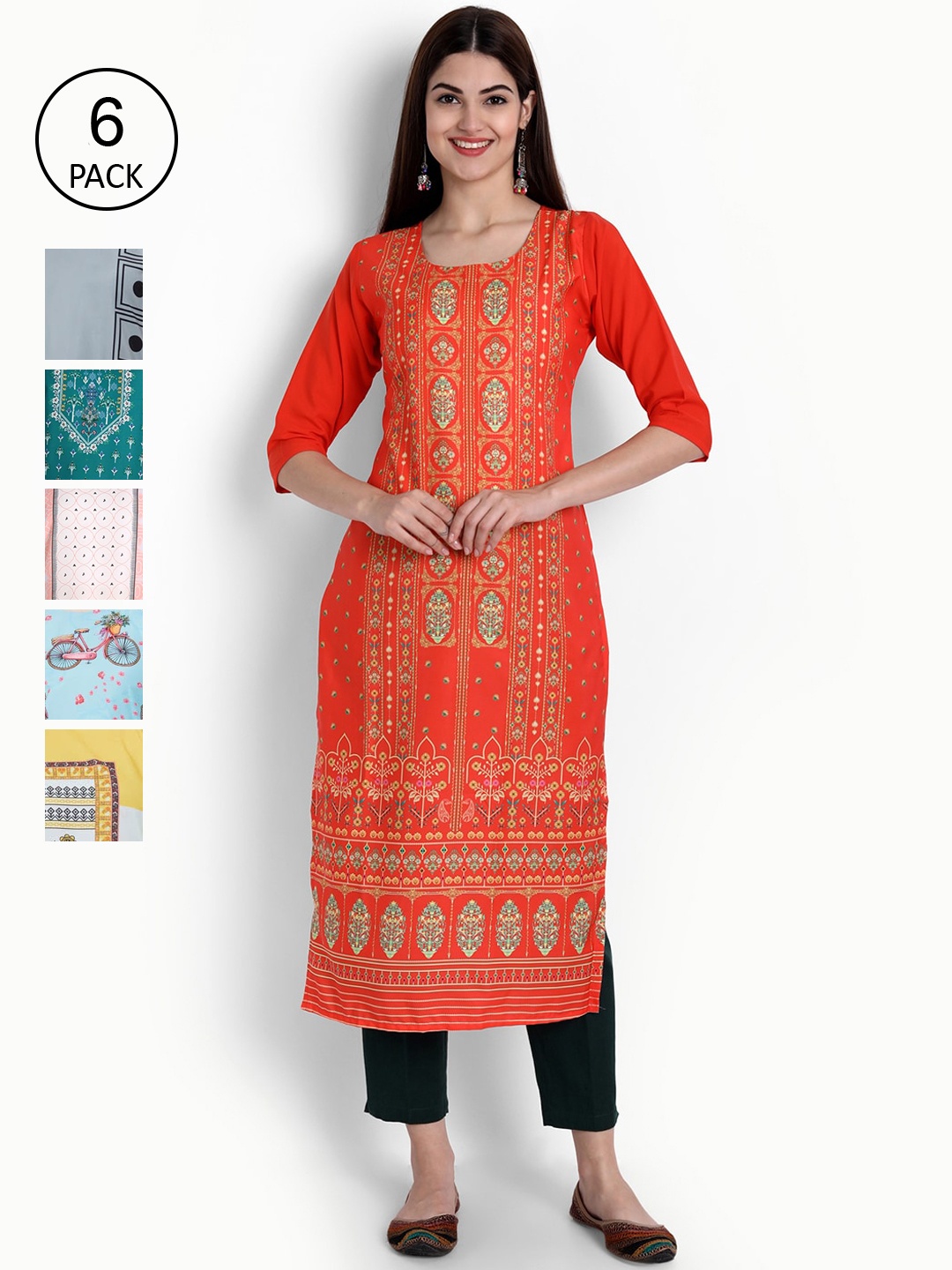 Ethnic basket Women Pack of 6 Printed Kurtas, Multi