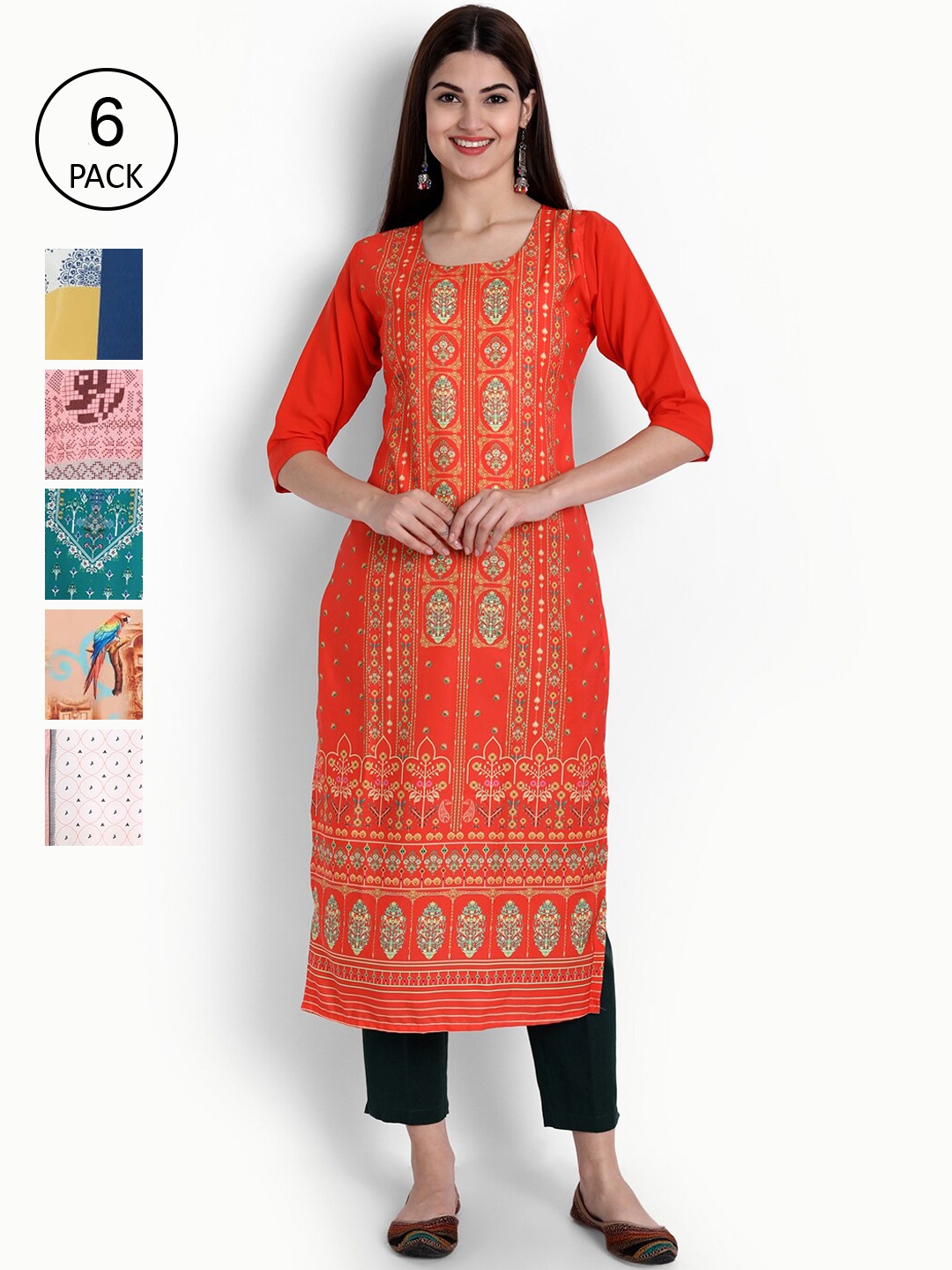 Ethnic basket Women Pack-6 Quirky Printed Block Print Crepe Kurta, Red