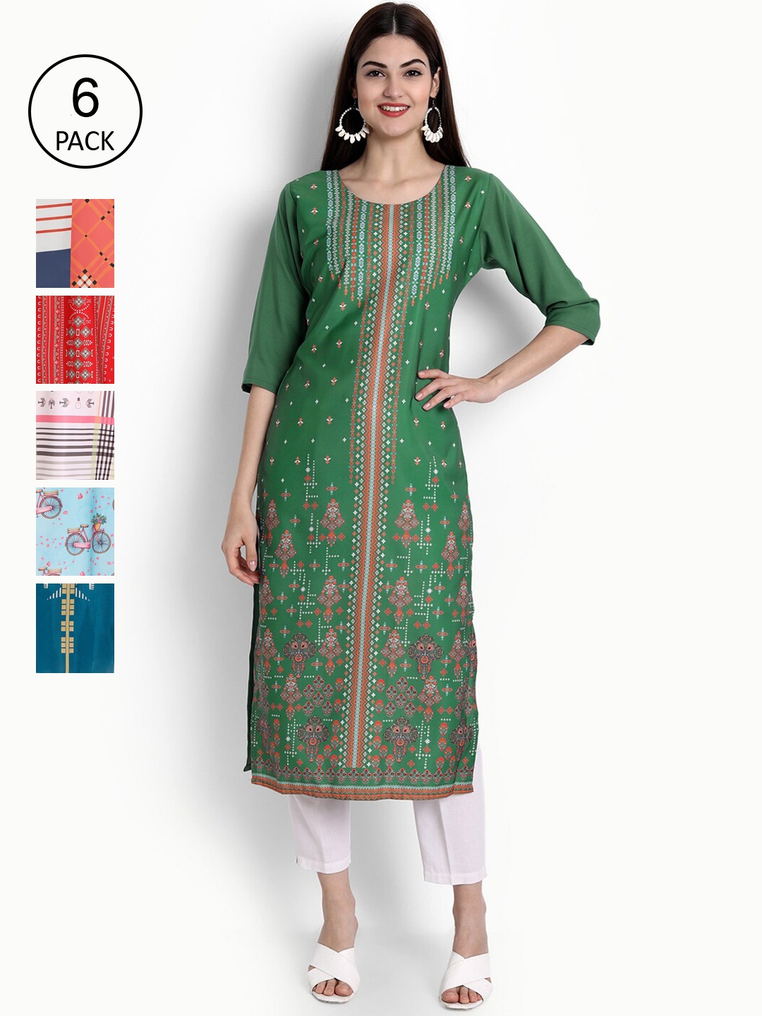 Ethnic basket Women Pack of 6 Printed Block Print Crepe Kurta, Green