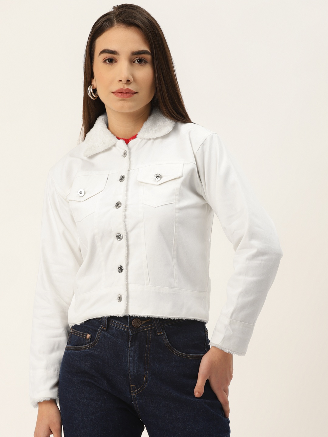 BROOWL Women White Insulator Denim Jacket