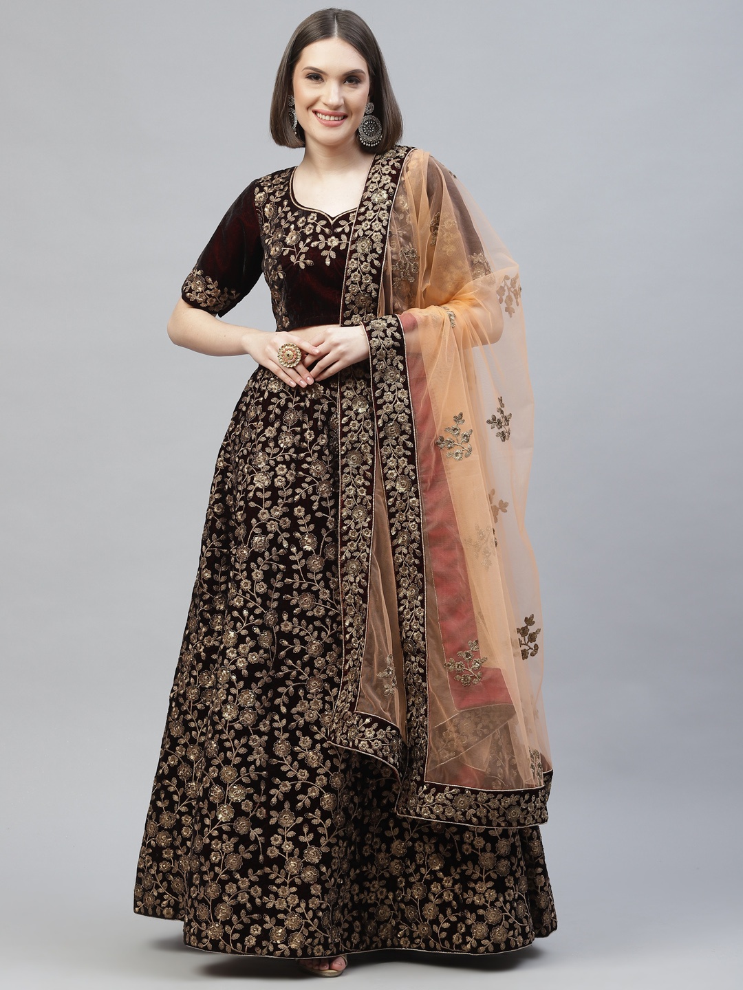 Readiprint Fashions Maroon & Peach-Coloured Embroidered Sequinned Semi-Stitched Lehenga & Unstitched Blouse
Readiprint Fashions Maroon & Peach-Coloured Embroidered Sequinned Semi-Stitched Lehenga & Unstitched Blouse