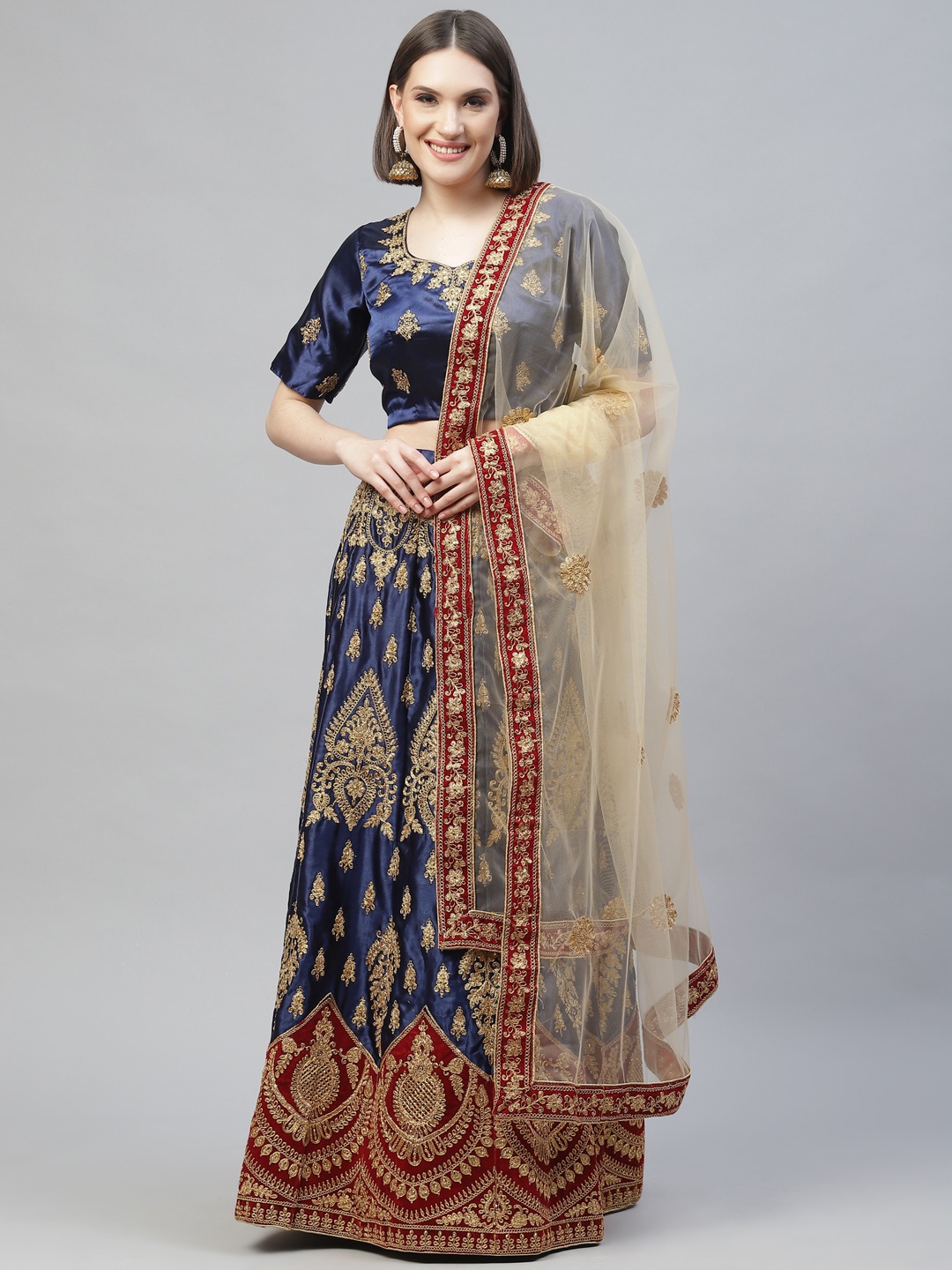 Readiprint Fashions Blue & Gold-Toned Embroidered Thread Work Semi-Stitched Lehenga & Unstitched Blouse With
Readiprint Fashions Blue & Gold-Toned Embroidered Thread Work Semi-Stitched Lehenga & Unstitched Blouse With