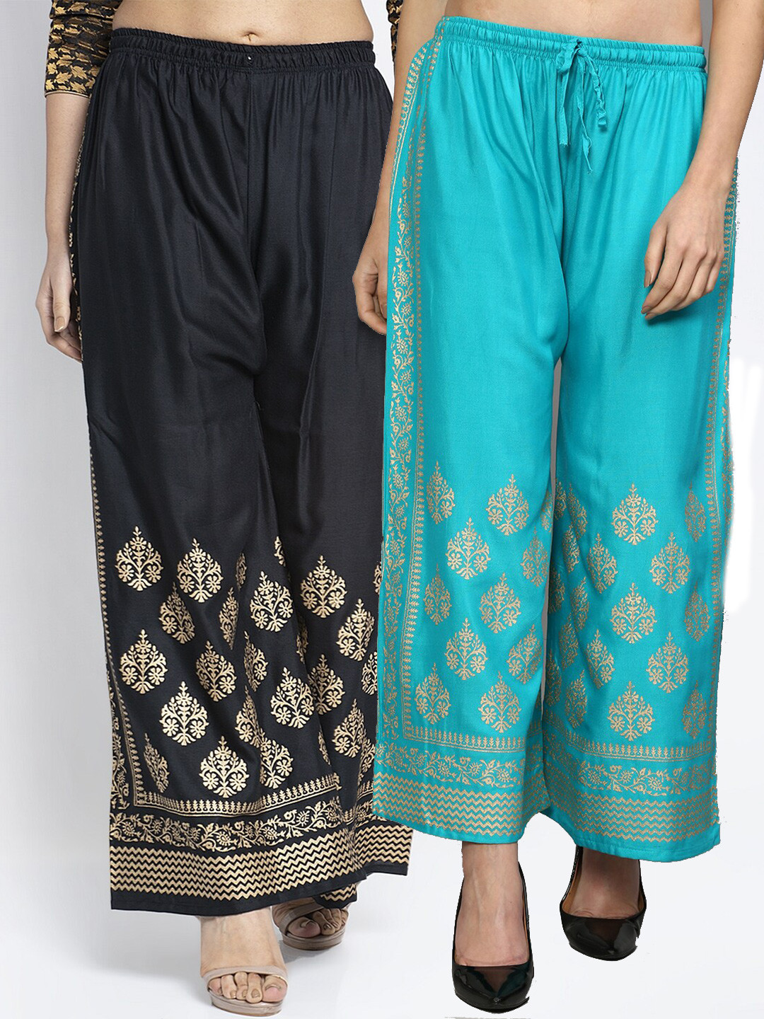 GRACIT Women Black & Turquiose Blue 2 Ethnic Motifs Block Printed Flared Knitted Palazzos
GRACIT Women Black & Turquiose Blue 2 Ethnic Motifs Block Printed Flared Knitted Palazzos