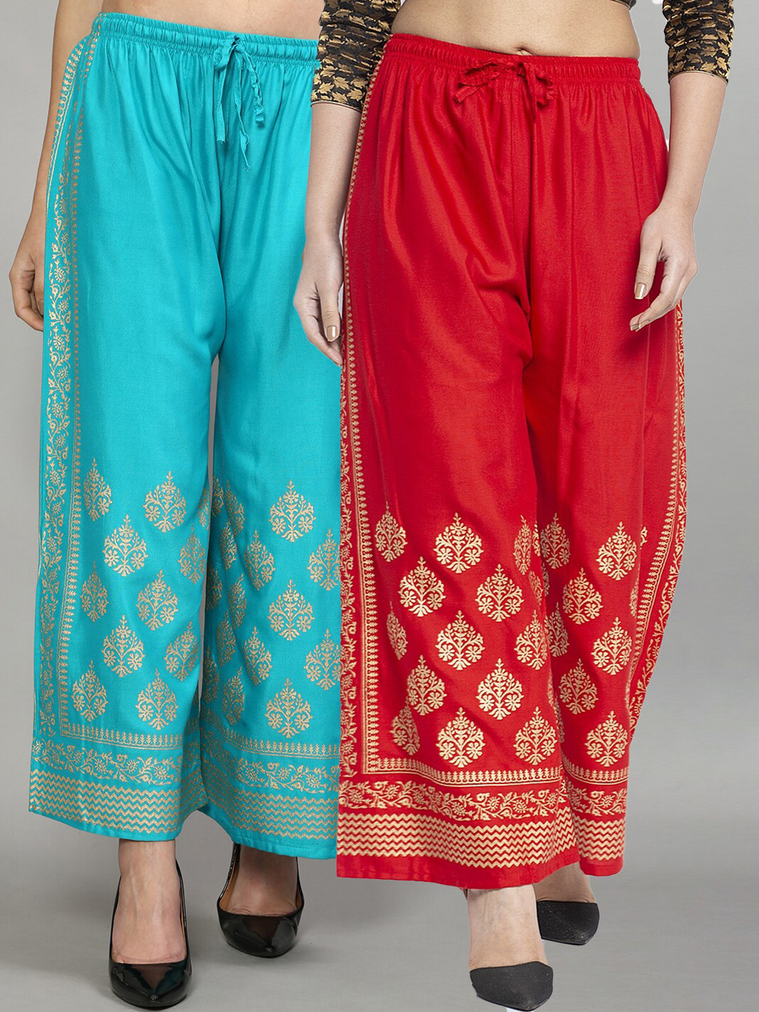 GRACIT Women Red & Turquoise Blue Set Of 2 Ethnic Motifs Printed Flared Knitted Palazzos
GRACIT Women Red & Turquoise Blue Set Of 2 Ethnic Motifs Printed Flared Knitted Palazzos