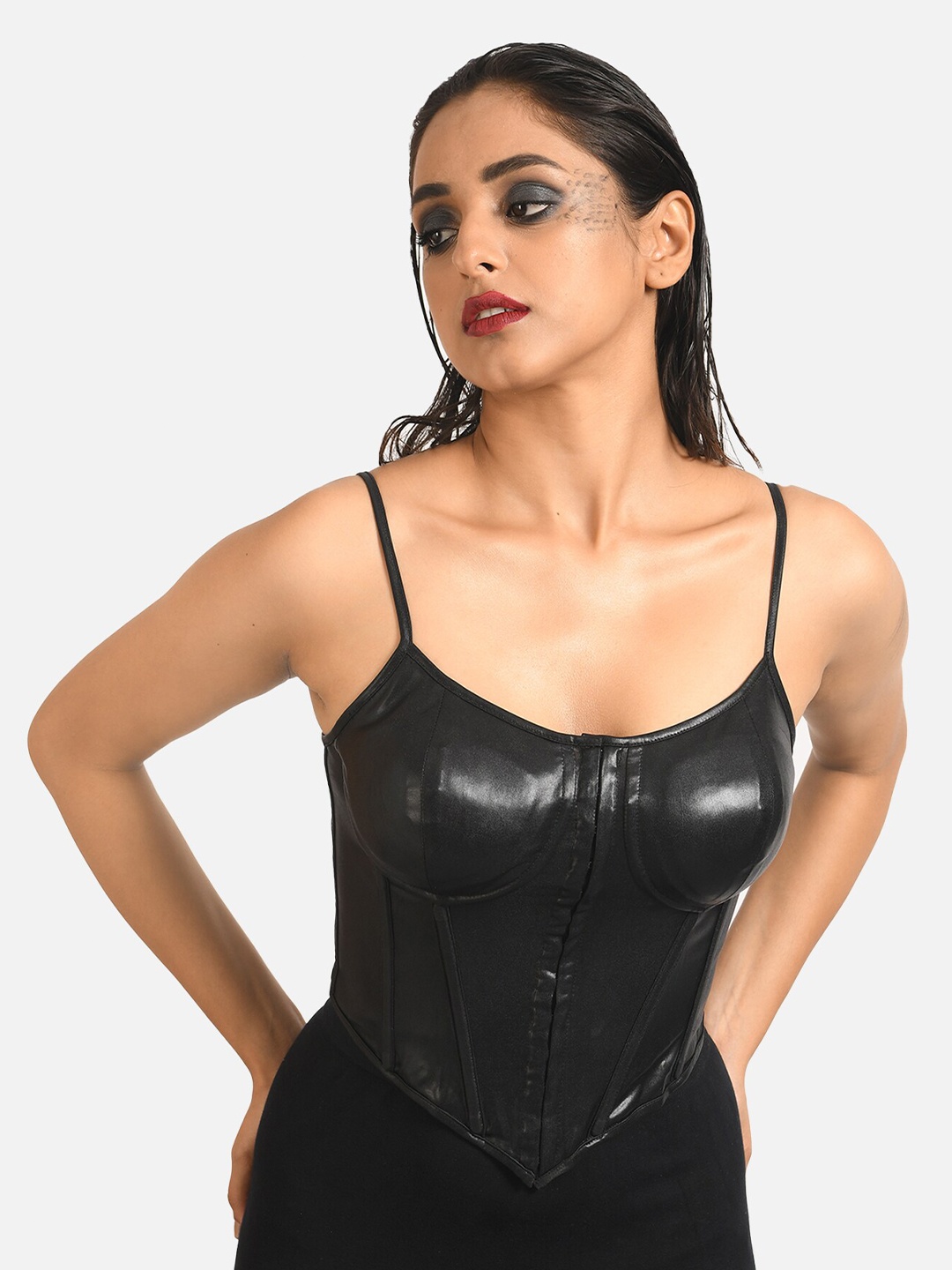 ATTIC SALT Black Solid Corset Top