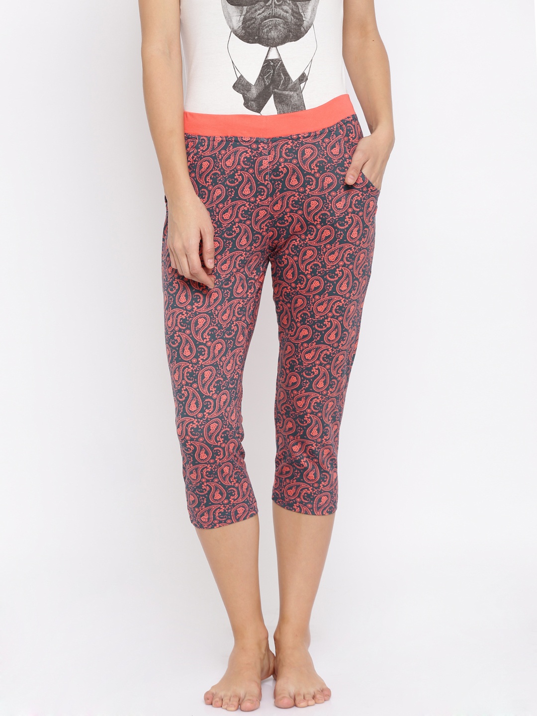 SDL by Sweet Dreams Women Blue & Coral Printed Slim Fit Capris