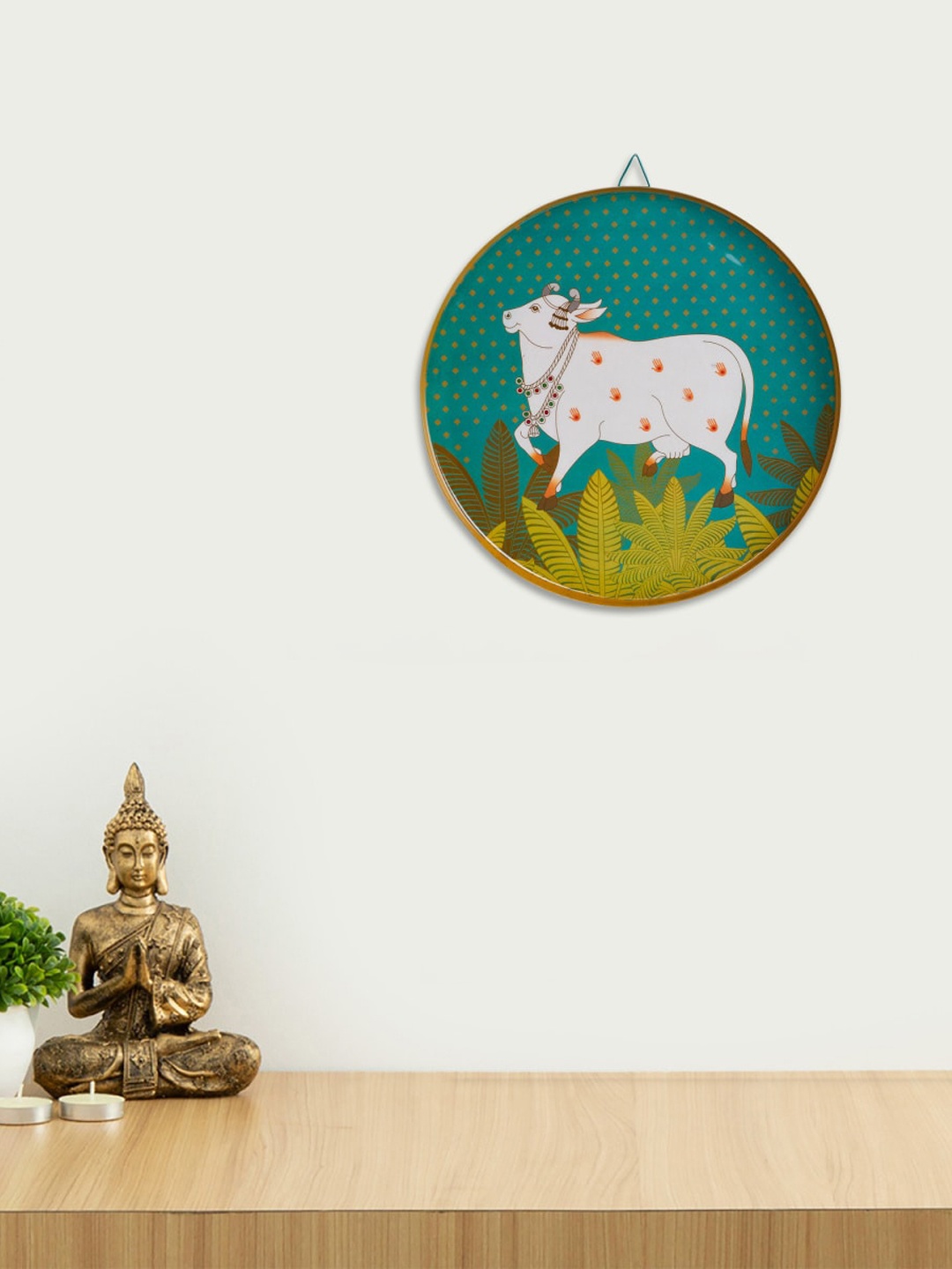 Home Centre Teal Blue & White Artesia Cow Printed Metal Wall Decor
