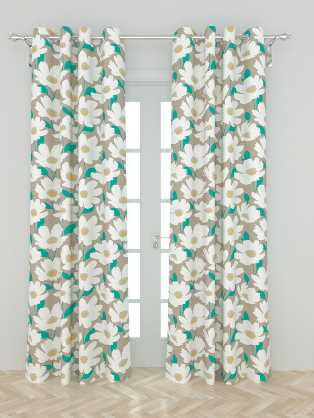 Home Centre Beige & White Set of 2 Floral Door Curtain