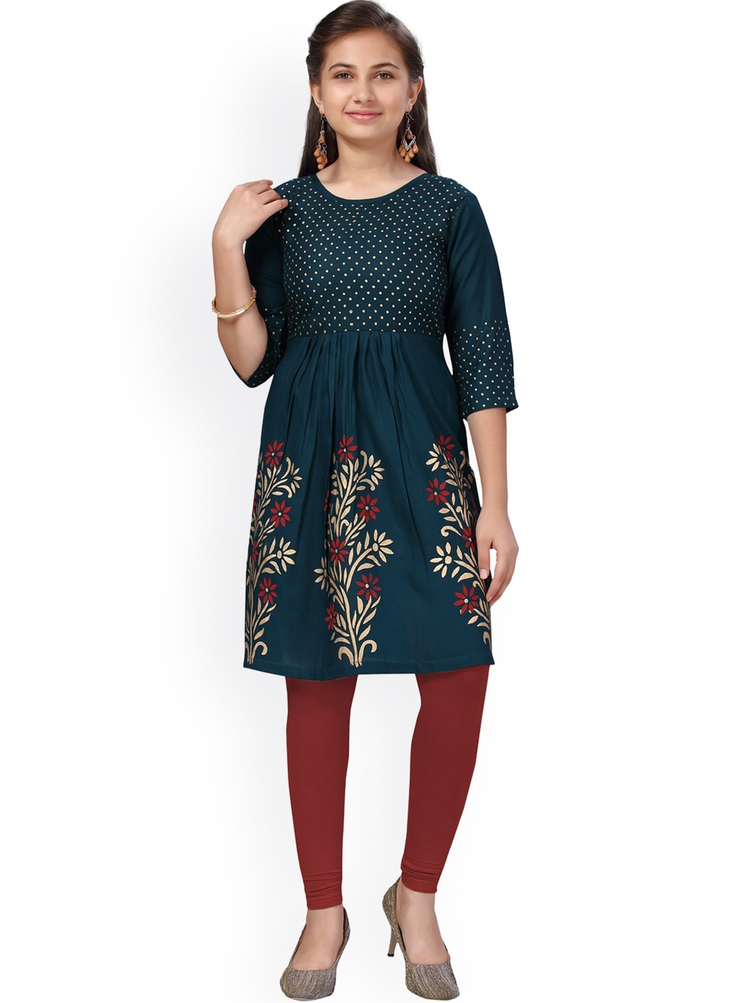 Aarika Girls Green & Maroon Ethnic Motifs Printed Pleated Pure Cotton Kurta with Leggings
Aarika Girls Green & Maroon Ethnic Motifs Printed Pleated Pure Cotton Kurta with Leggings